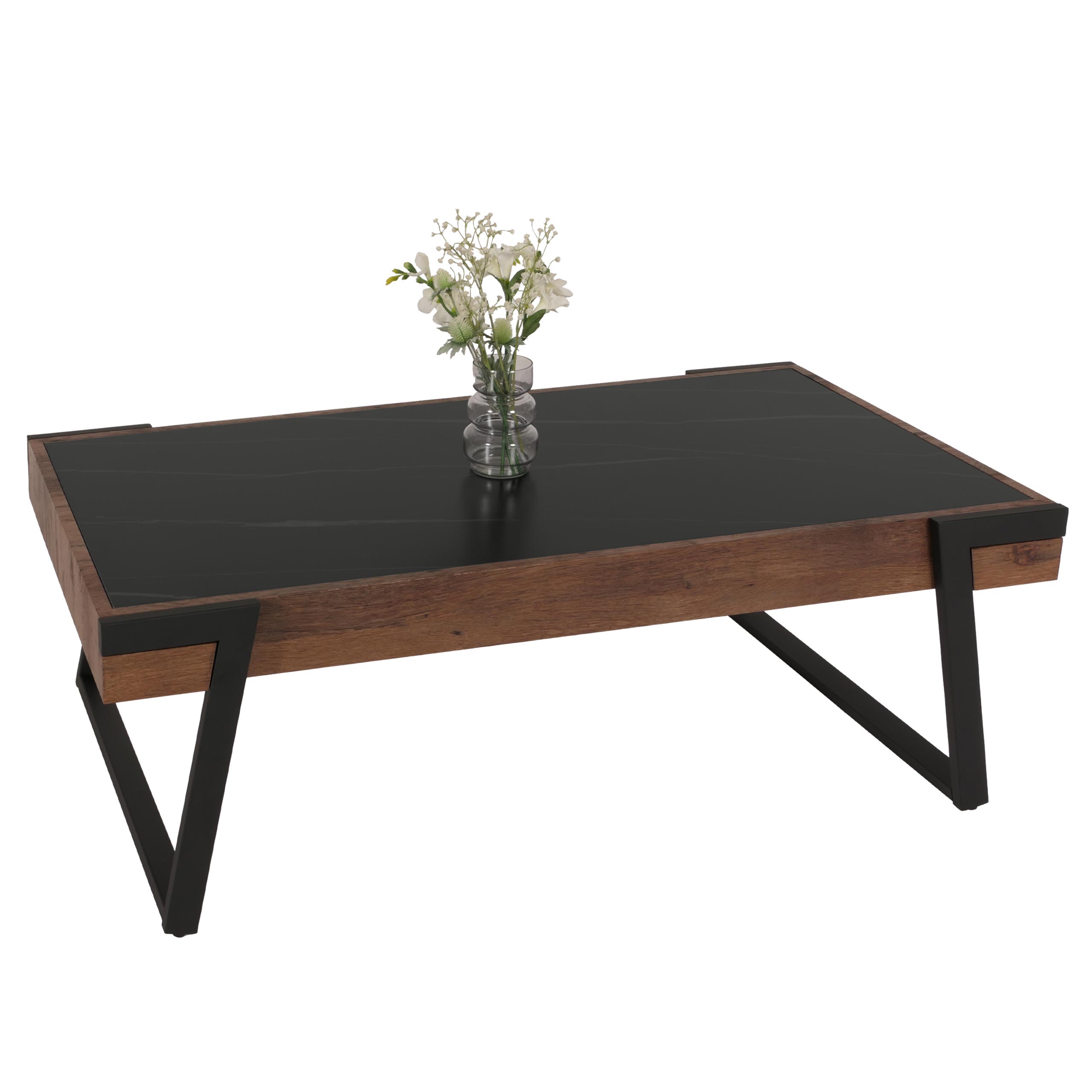 Couchtisch MCW-L89, Sofatisch Wohnzimmertisch, Eisen 43x120x64cm Sinterstein Marmor-Optik schwarz Holz dunkelbraun - Bild 1