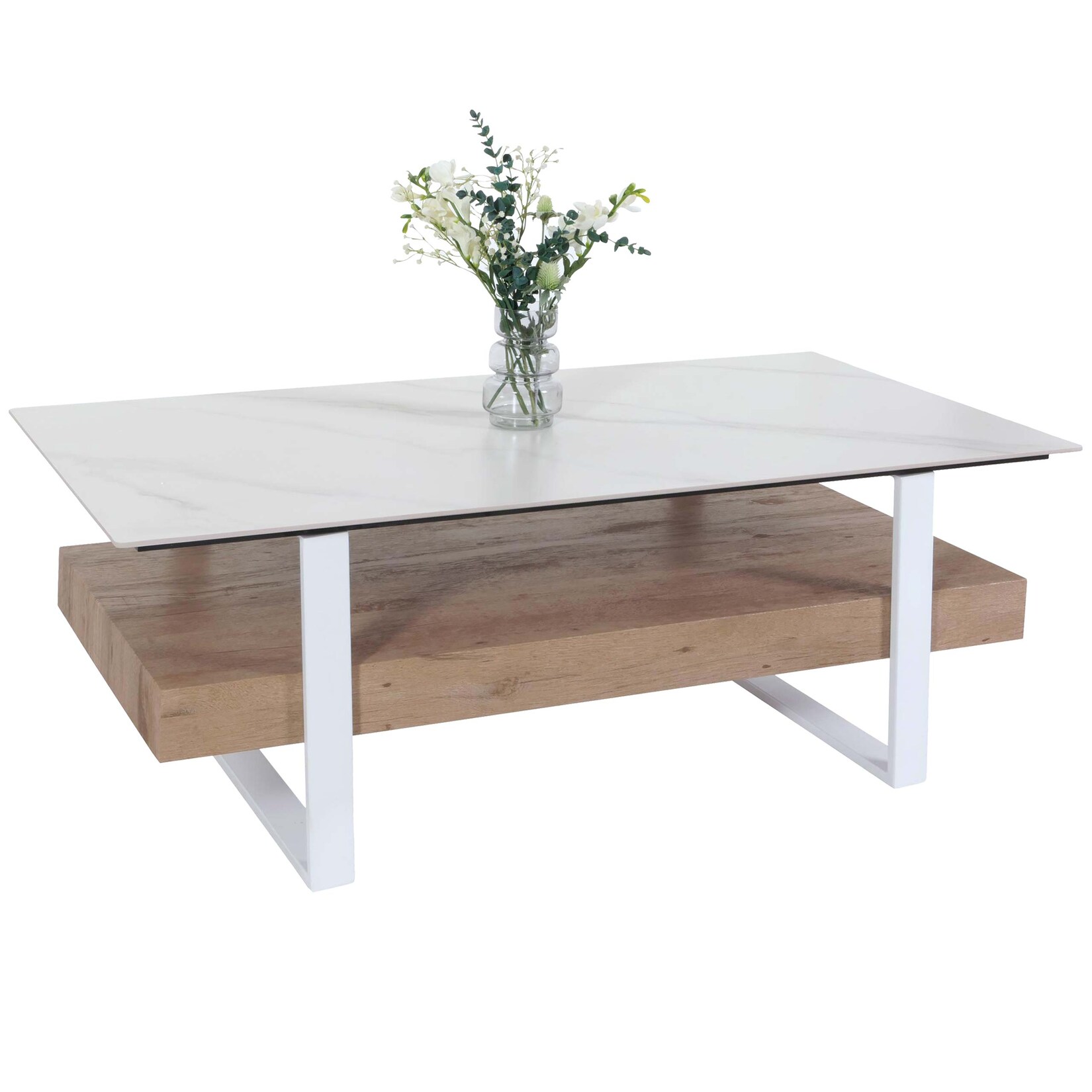 Couchtisch MCW-L88, Wohnzimmertisch Tisch, Ablage Eisen 43x120x60cm Sinterstein Marmor-Optik weiß Holz natur