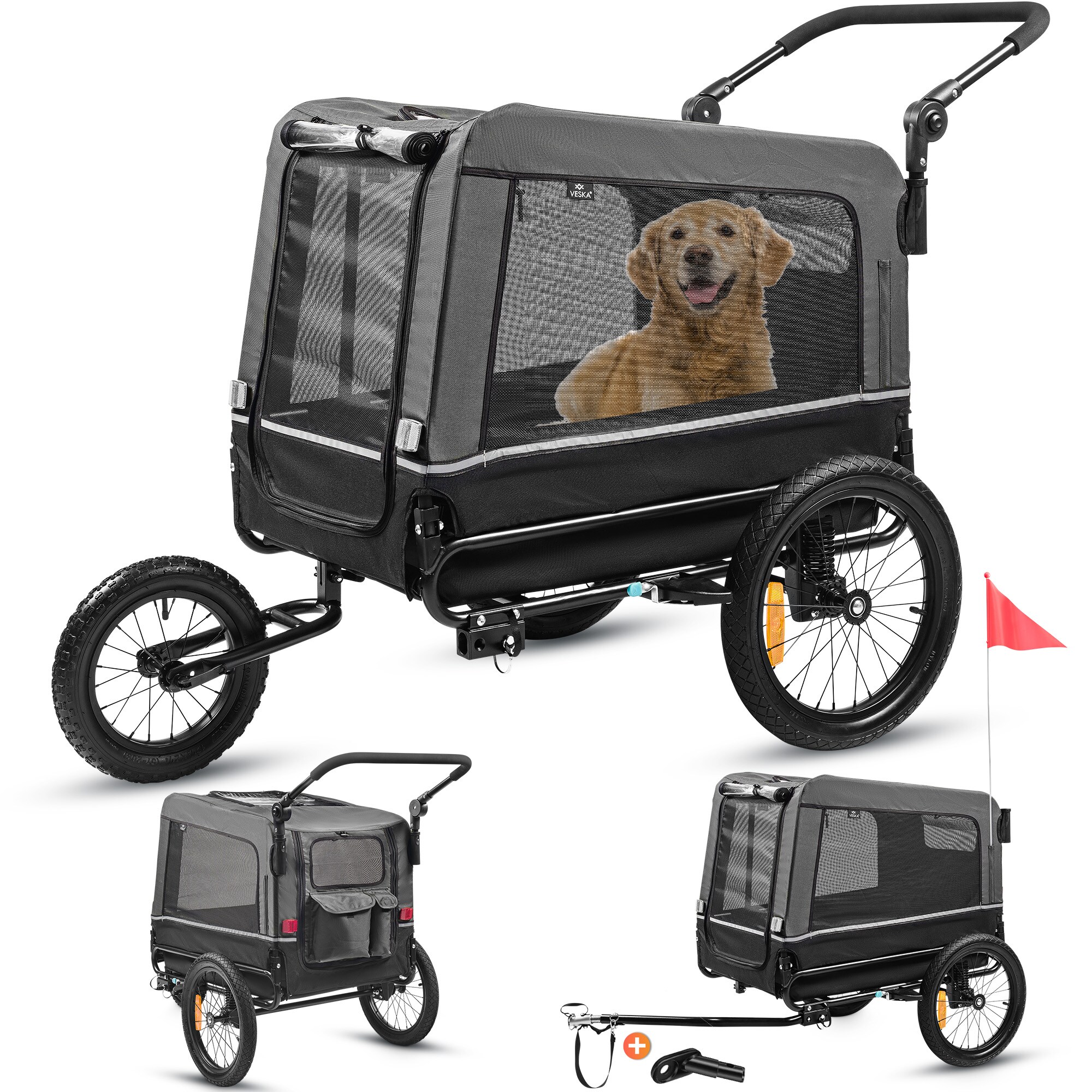 VESKA&reg; Hundeanh&auml;nger 3in1 Fahrradanh&auml;nger, Hundebuggy, Jogger f&uuml;r Hunde, gro&szlig;er Laderaum 240 Liter, Hundewagen mit Dual Federung, faltbar in Anthrazit/Schwarz - Bild 1