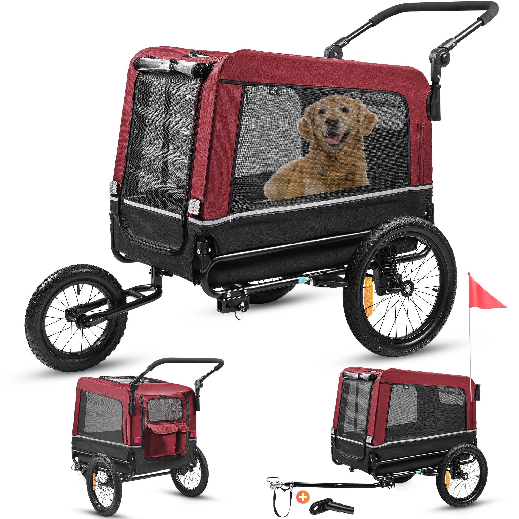 VESKA&reg; Hundeanh&auml;nger 3in1 Fahrradanh&auml;nger, Hundebuggy, Jogger f&uuml;r Hunde, gro&szlig;er Laderaum 240 Liter, Hundewagen mit Dual Federung, faltbar in Rot/Schwarz - Bild 1