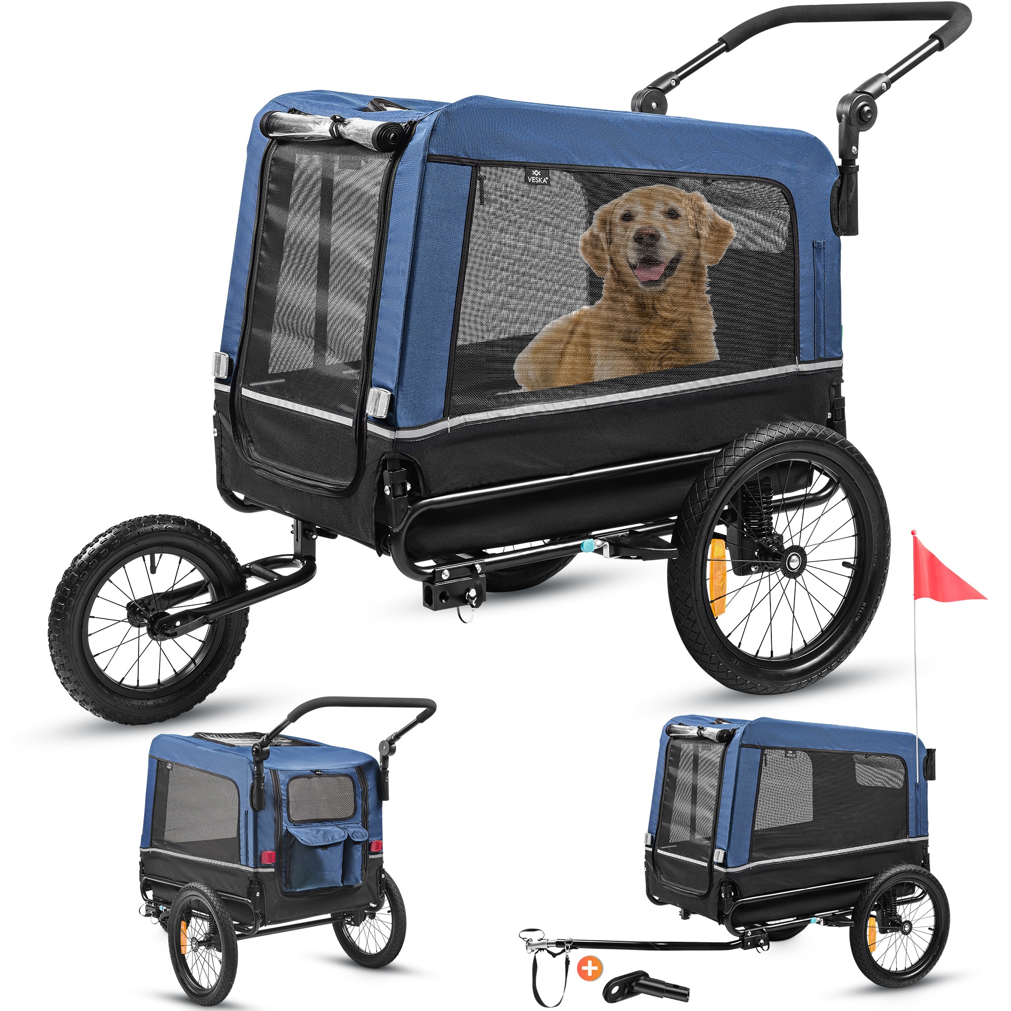VESKA&reg; Hundeanh&auml;nger 3in1 Fahrradanh&auml;nger, Hundebuggy, Jogger f&uuml;r Hunde, gro&szlig;er Laderaum 240 Liter, Hundewagen mit Dual Federung, faltbar in Blau/Schwarz - Bild 1