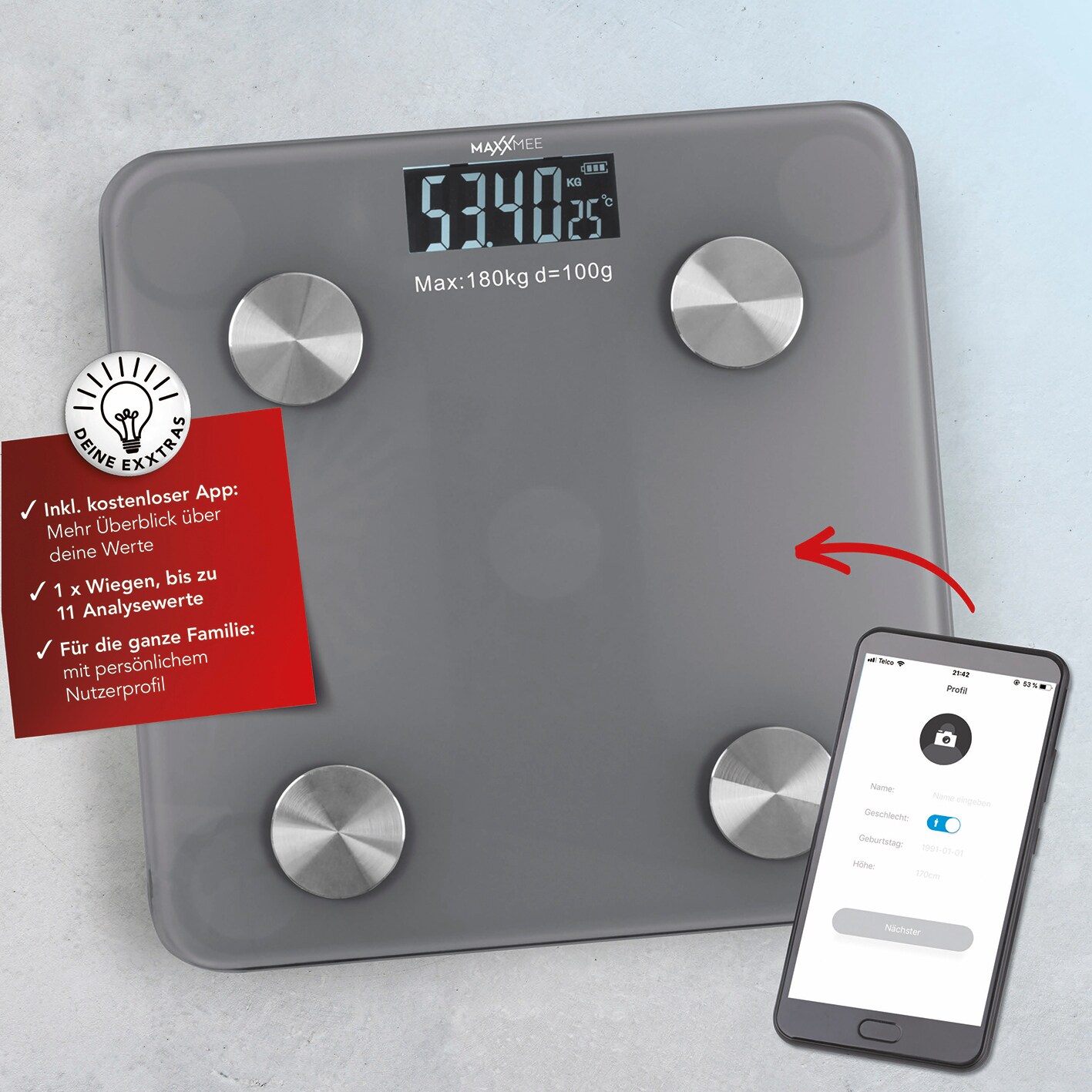 MAXXMEE Personen-Waage K&ouml;rperanalyse 3V - Bild 1