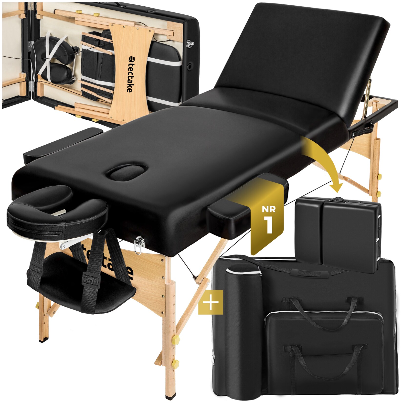 tectake® 3 Zonen Massageliege, Breite 70 cm, Polsterung 10 cm, mit Holzgestell, 218 x 102 x 90 cm