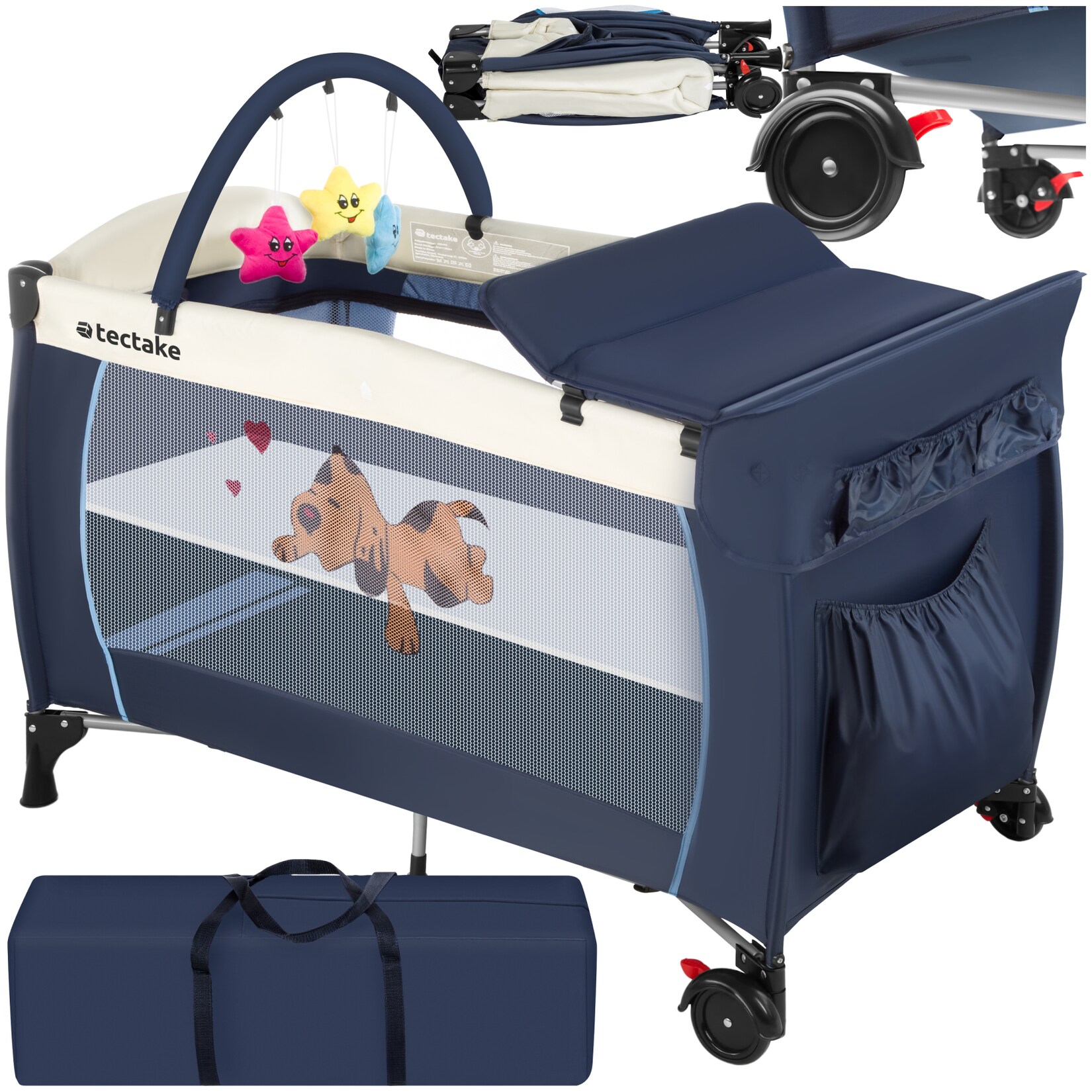 tectake® Kinder Reisebett, klappbar und höhenverstellbar, 2 Rollen mit Bremsen, inklusive Tragetasche, 132 x 75 x 104 cm | 04260182872659
