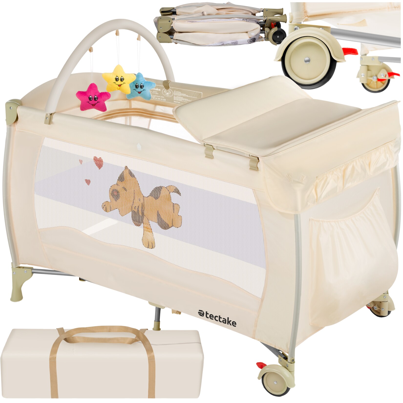 tectake® Kinder Reisebett, klappbar und höhenverstellbar, 2 Rollen mit Bremsen, inklusive Tragetasche, 132 x 75 x 104 cm