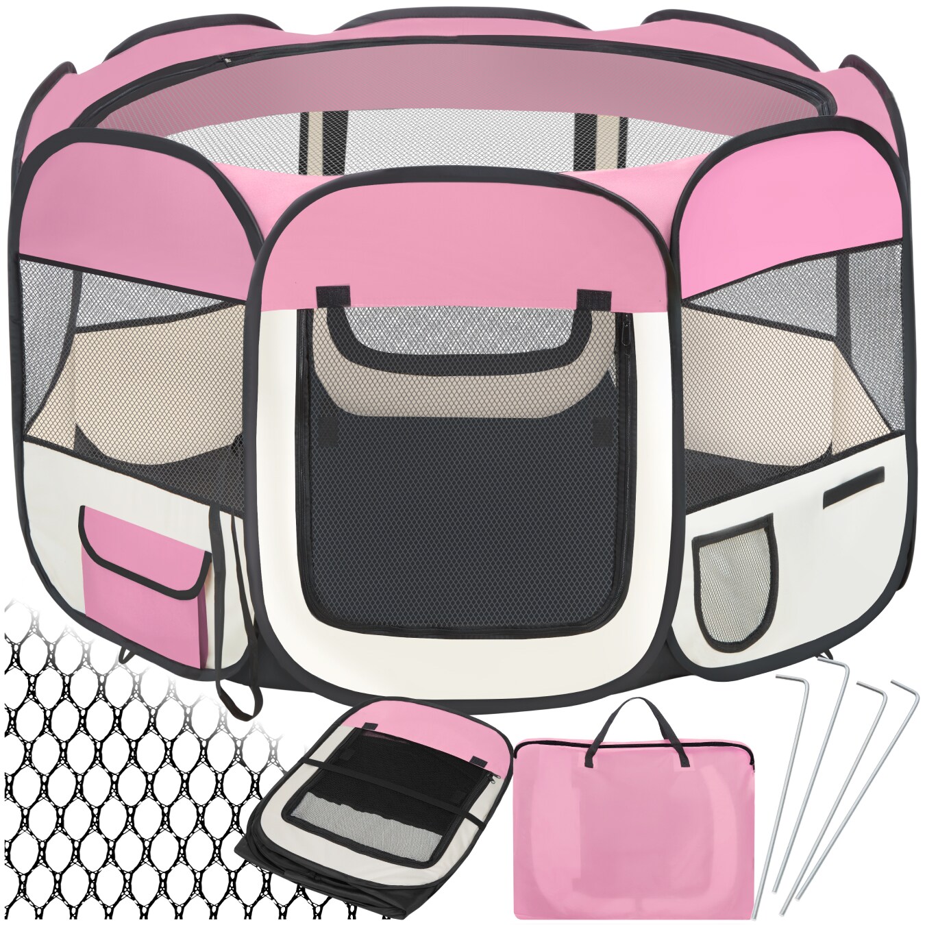 tectake&reg; Welpenauslauf, faltbar, f&uuml;r Innen- und Au&szlig;enbereich, 2 Eing&auml;nge und 6 Fenster, 115 x 115 x 64 cm, inklusive Tragetasche und Heringe - Bild 1