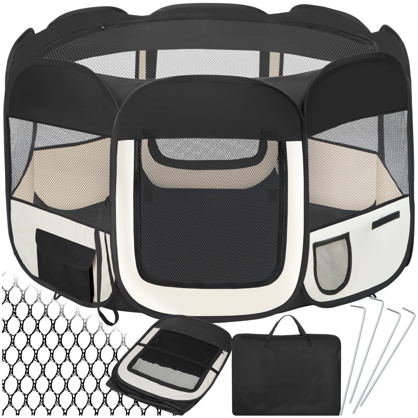 tectake&reg; Welpenauslauf, faltbar, f&uuml;r Innen- und Au&szlig;enbereich, 2 Eing&auml;nge und 6 Fenster, 115 x 115 x 64 cm, inklusive Tragetasche und Heringe - Bild 1