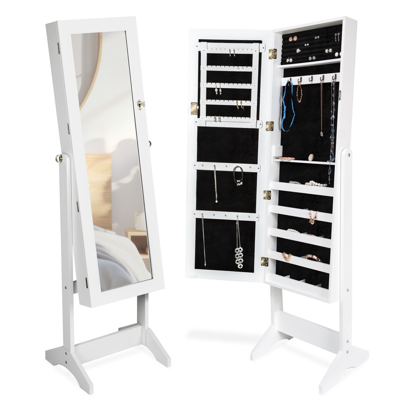 tectake® Schmuckschrank , mit Ganzkörperspiegel, aufgeteilter Innenraum mit Haken, Schlitzen und Löchern, abschließbar