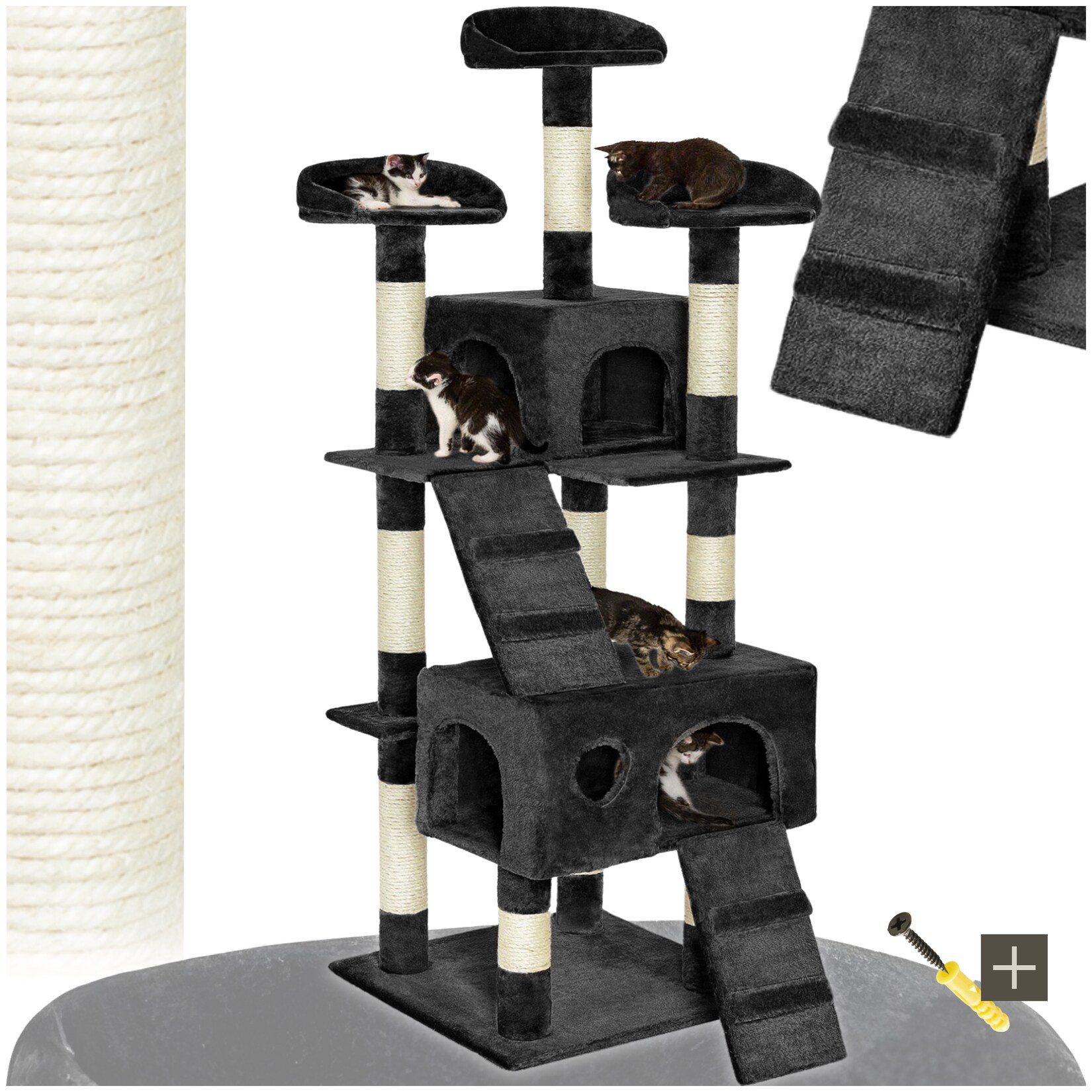 tectake® Kratzbaum, 170 cm, mit 2 Katzenhäusern, inklusive 2 Treppen und Kippschutz