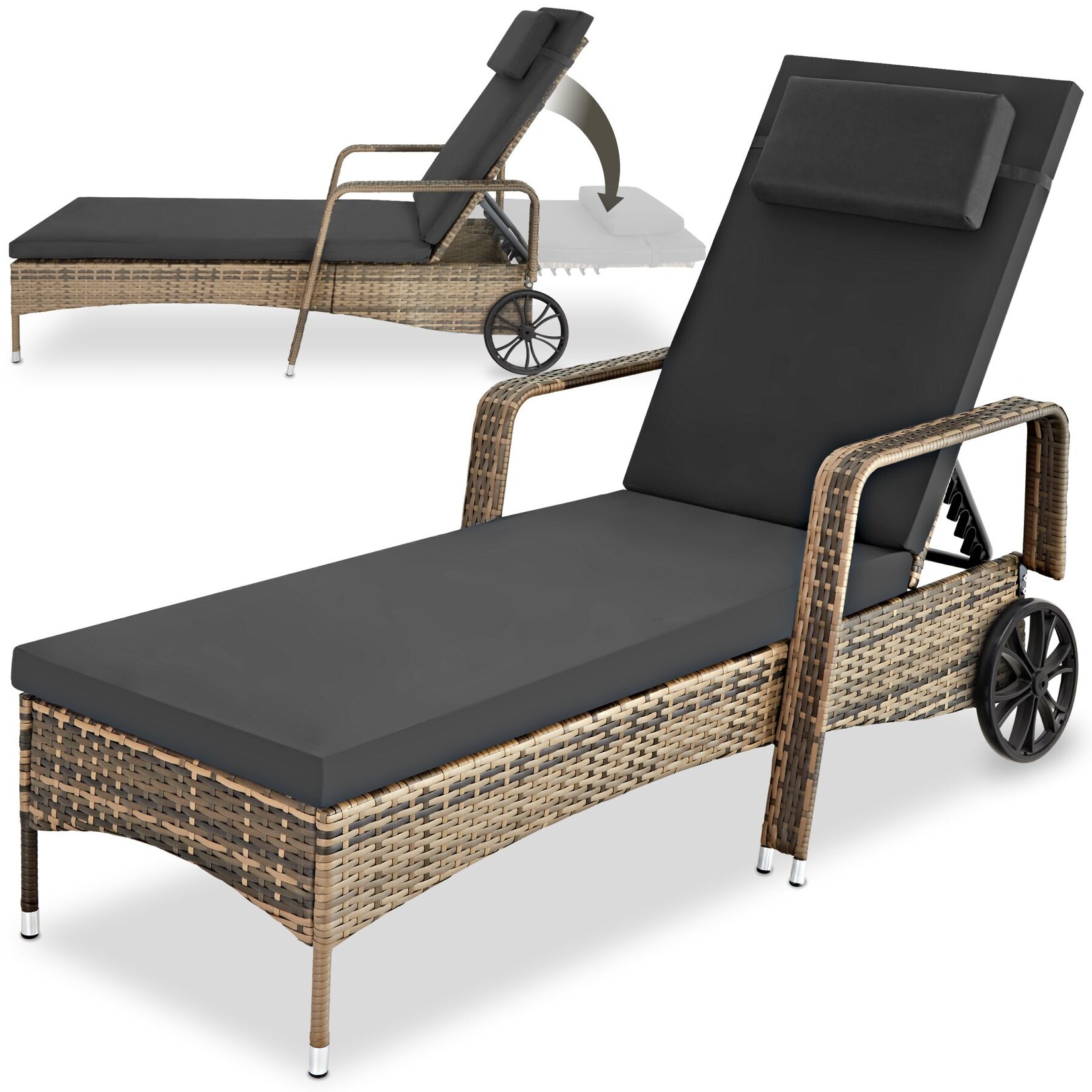 tectake® Rattan Sonnenliege, widerstandsfähig, 6-fach verstellbare Rückenlehne, 200 x 70 x 33 cm
