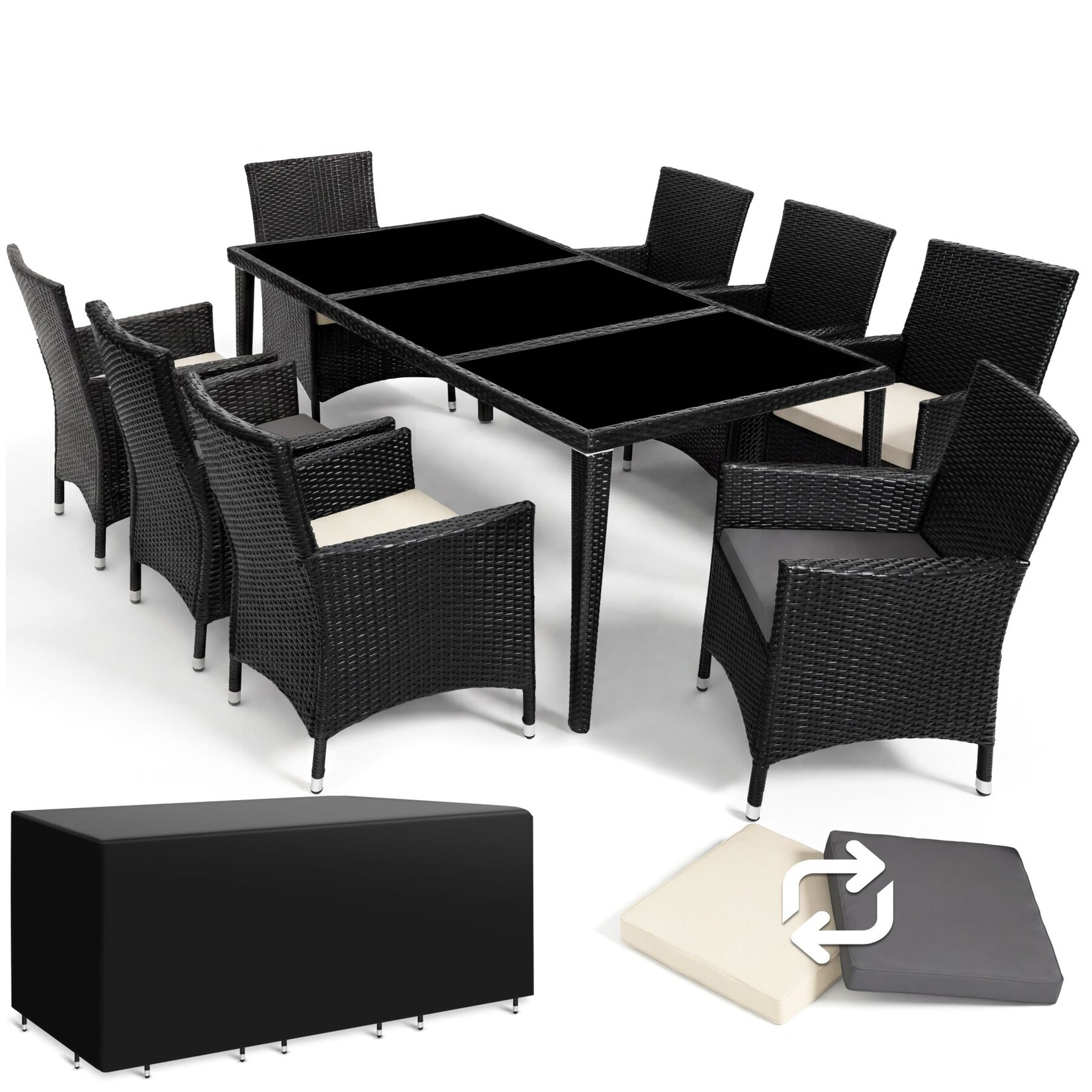 tectake® Aluminium Rattan Sitzgruppe, wetterfest und UV-beständig, mit Sicherheitsglasplatten, inklusive Schutzhülle