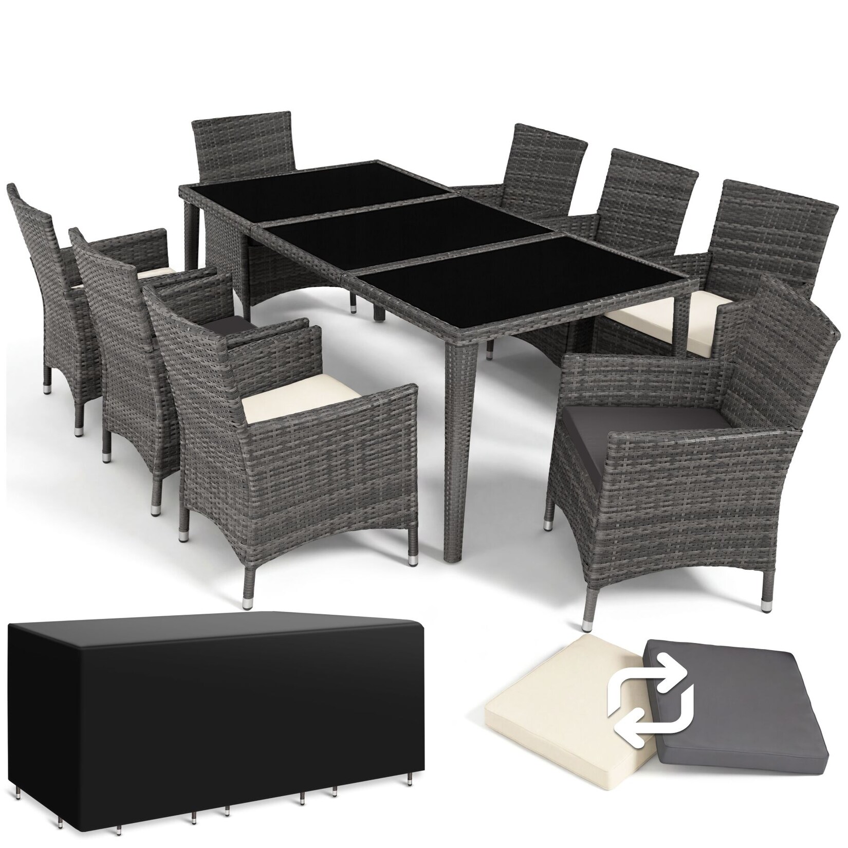 tectake® Aluminium Rattan Sitzgruppe, wetterfest und UV-beständig, mit Sicherheitsglasplatten, inklusive Schutzhülle