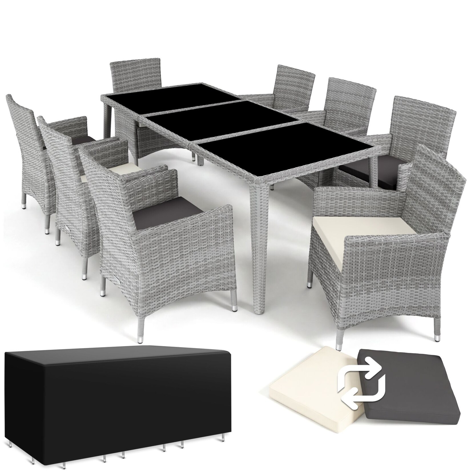 tectake® Aluminium Rattan Sitzgruppe, wetterfest und UV-beständig, mit Sicherheitsglasplatten, inklusive Schutzhülle