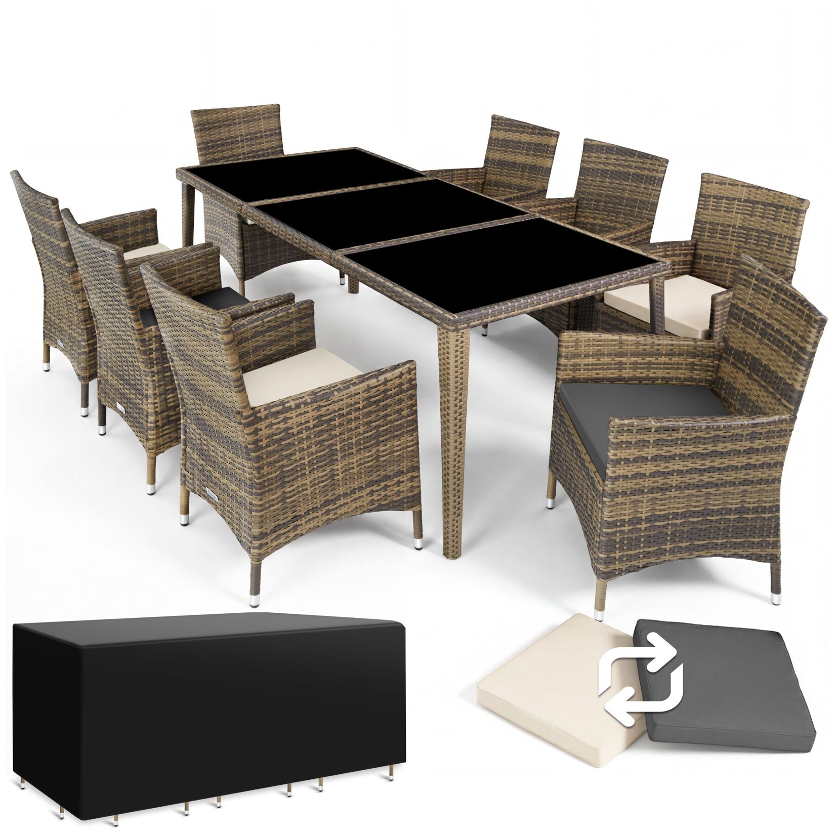 tectake® Aluminium Rattan Sitzgruppe, wetterfest und UV-beständig, mit Sicherheitsglasplatten, inklusive Schutzhülle