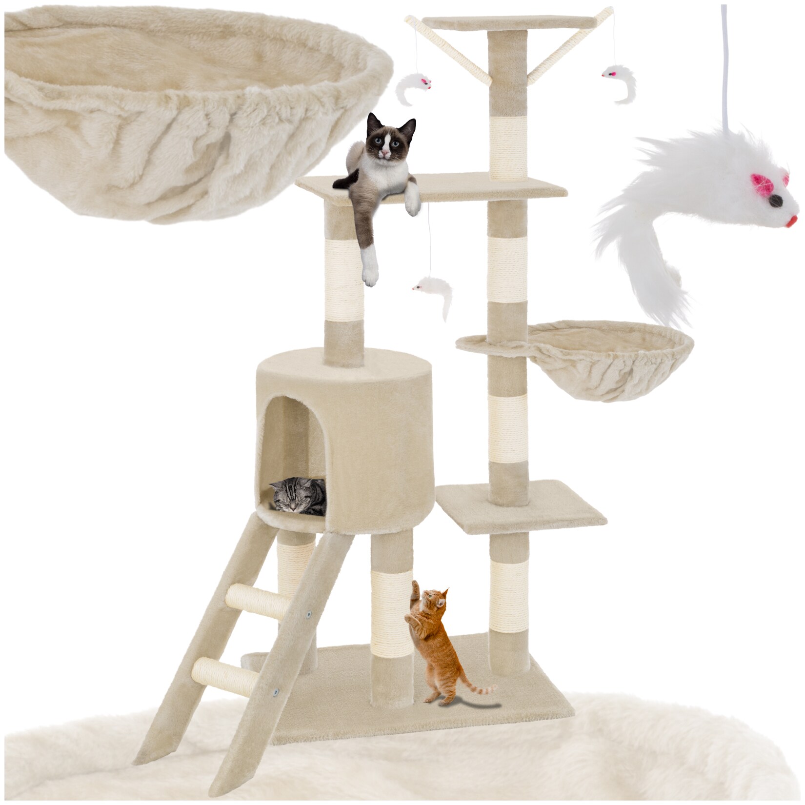 tectake® Kratzbaum, 144 cm, mit Katzenhaus, inklusive Treppe, 3 Spielmäusen und Kippschutz | 04260397656402