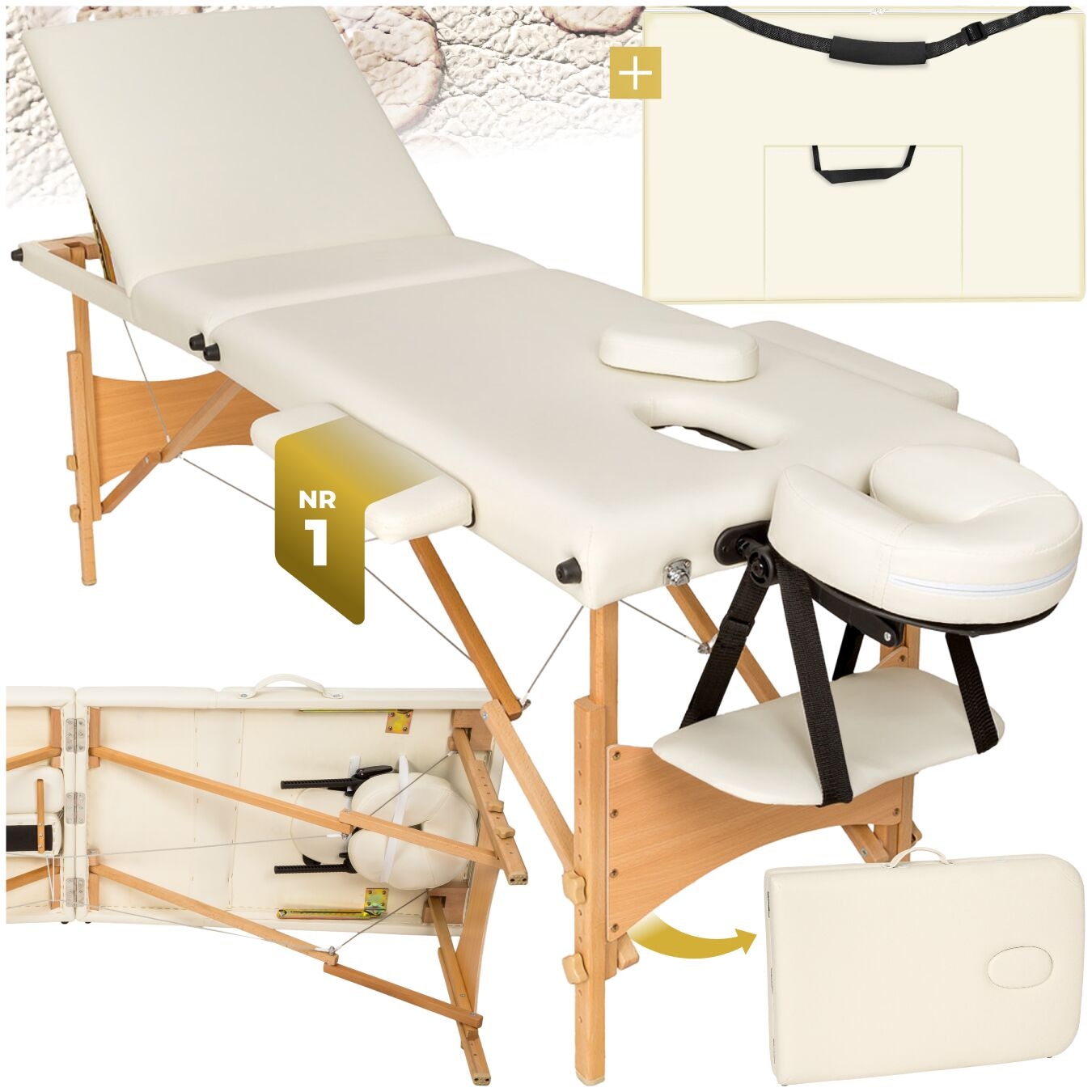 tectake® 3 Zonen Massageliege, Breite 60 cm, Polsterung 5 cm, mit Holzgestell, 210 x 95 x 84 cm
