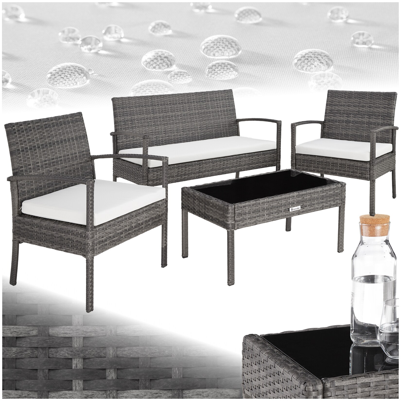 tectake® Rattan Sitzgruppe, für 4 Personen, UV-beständig, schlanke Gestelle