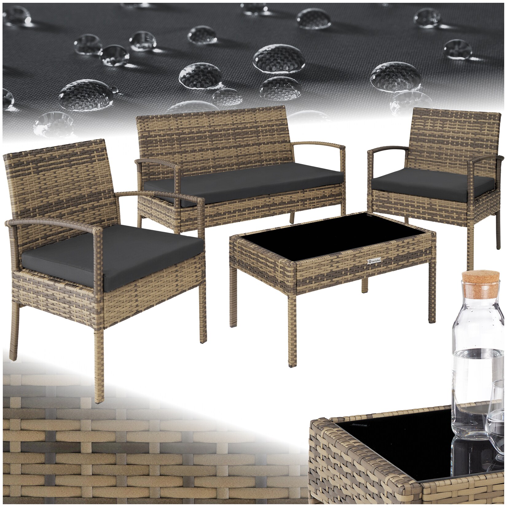 tectake® Rattan Sitzgruppe, für 4 Personen, UV-beständig, schlanke Gestelle