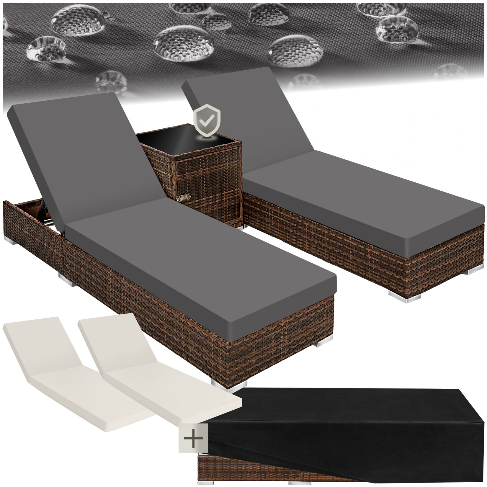 tectake® 2er Set Rattan Sonnenliegen, mit Aluminiumgestell, 5-fach verstellbare Rückenlehne, Dicke des Polsters 7,5 cm, wetterfest und UV-beständig