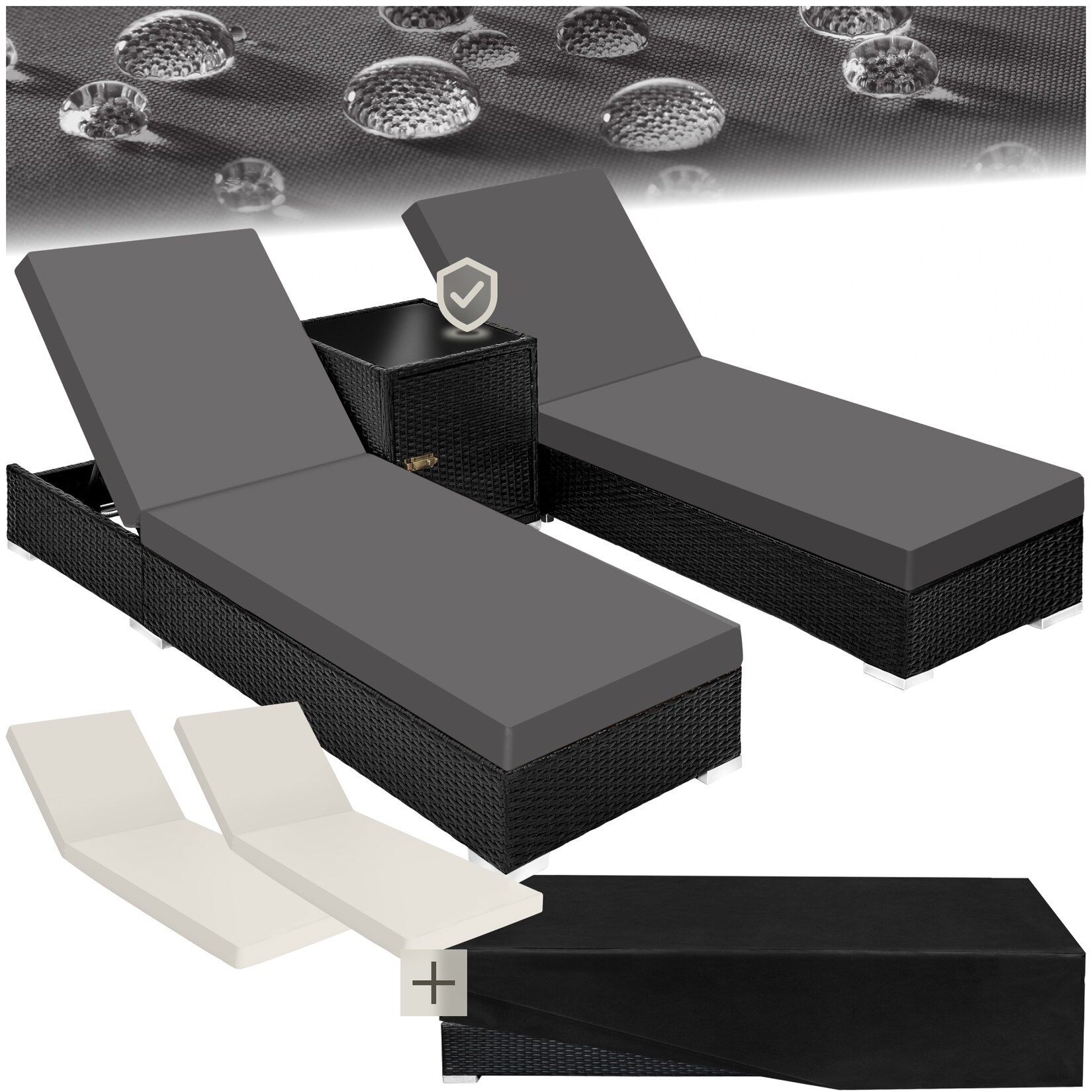 tectake® 2er Set Rattan Sonnenliegen, mit Aluminiumgestell, 5-fach verstellbare Rückenlehne, Dicke des Polsters 7,5 cm, wetterfest und UV-beständig