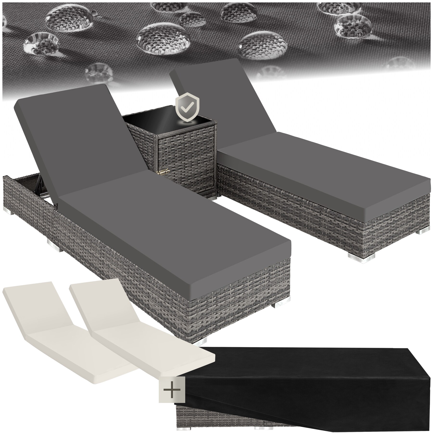 tectake&reg; 2er Set Rattan Sonnenliegen, mit Aluminiumgestell, 5-fach verstellbare R&uuml;ckenlehne, Dicke des Polsters 7,5 cm, wetterfest und UV-best&auml;ndig - Bild 1