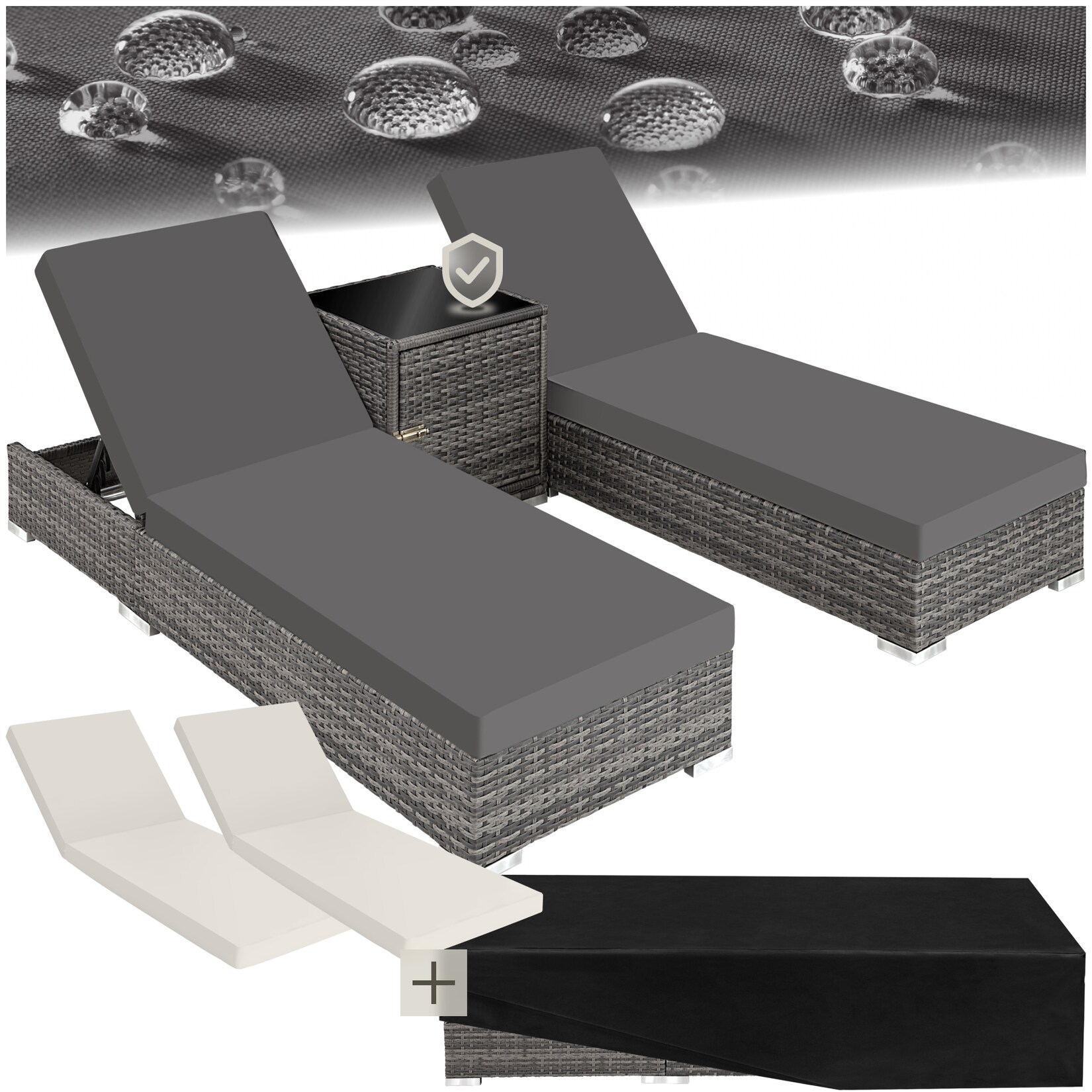 tectake® 2er Set Rattan Sonnenliegen, mit Aluminiumgestell, 5-fach verstellbare Rückenlehne, Dicke des Polsters 7,5 cm, wetterfest und UV-beständig