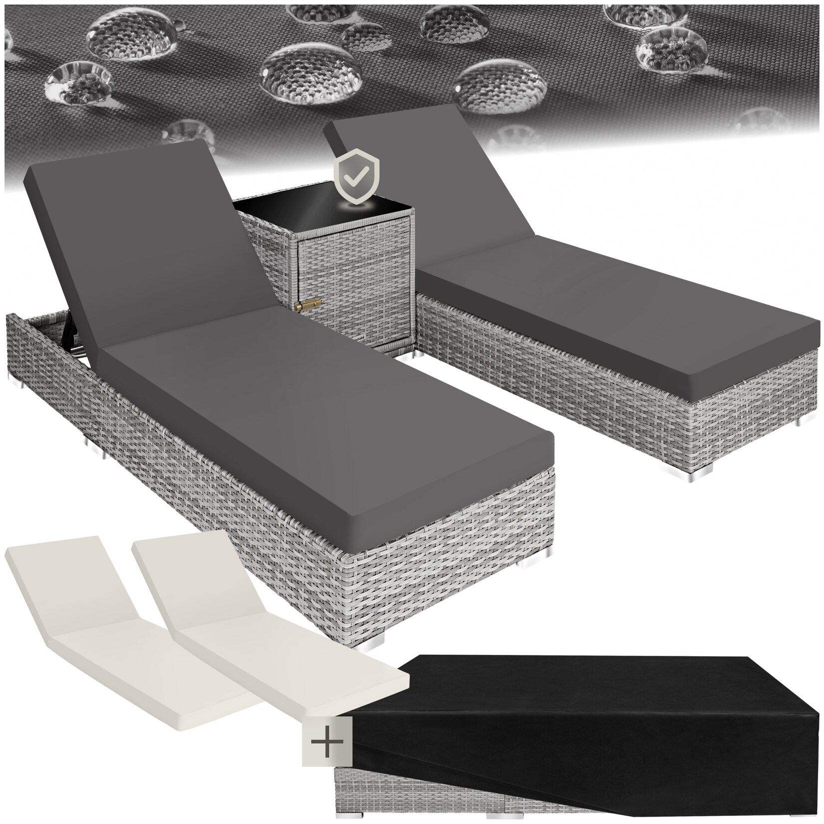 tectake 2er Set Rattan Sonnenliegen, mit Aluminiumgestell, 5-fach verstellbare Rückenlehne, Dicke des Polsters 7,5 cm, inklusive Schutzhülle