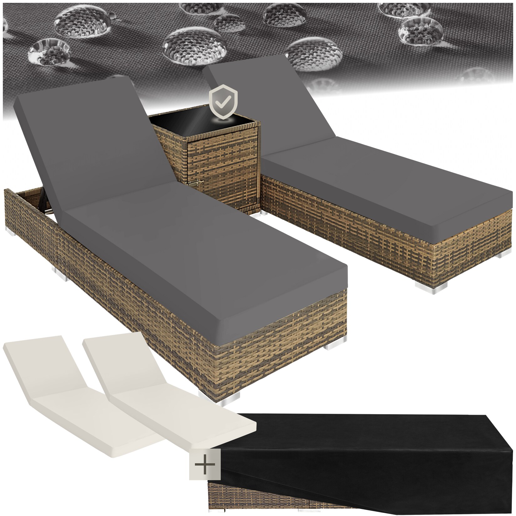 tectake® 2er Set Rattan Sonnenliegen, mit Aluminiumgestell, 5-fach verstellbare Rückenlehne, Dicke des Polsters 7,5 cm, wetterfest und UV-beständig | 04061173117168
