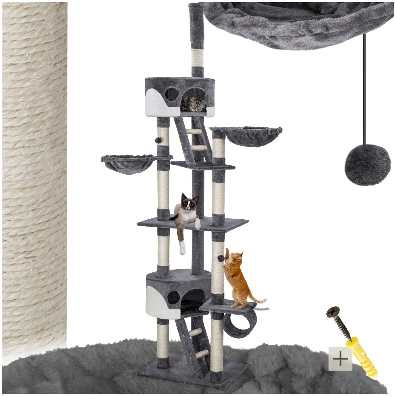 tectake® Kratzbaum, 243 bis 260 cm, mit 2 Katzenhäusern, inklusive 2 Treppen, 2 Spielbällen, Deckenspanner und Kippschutz