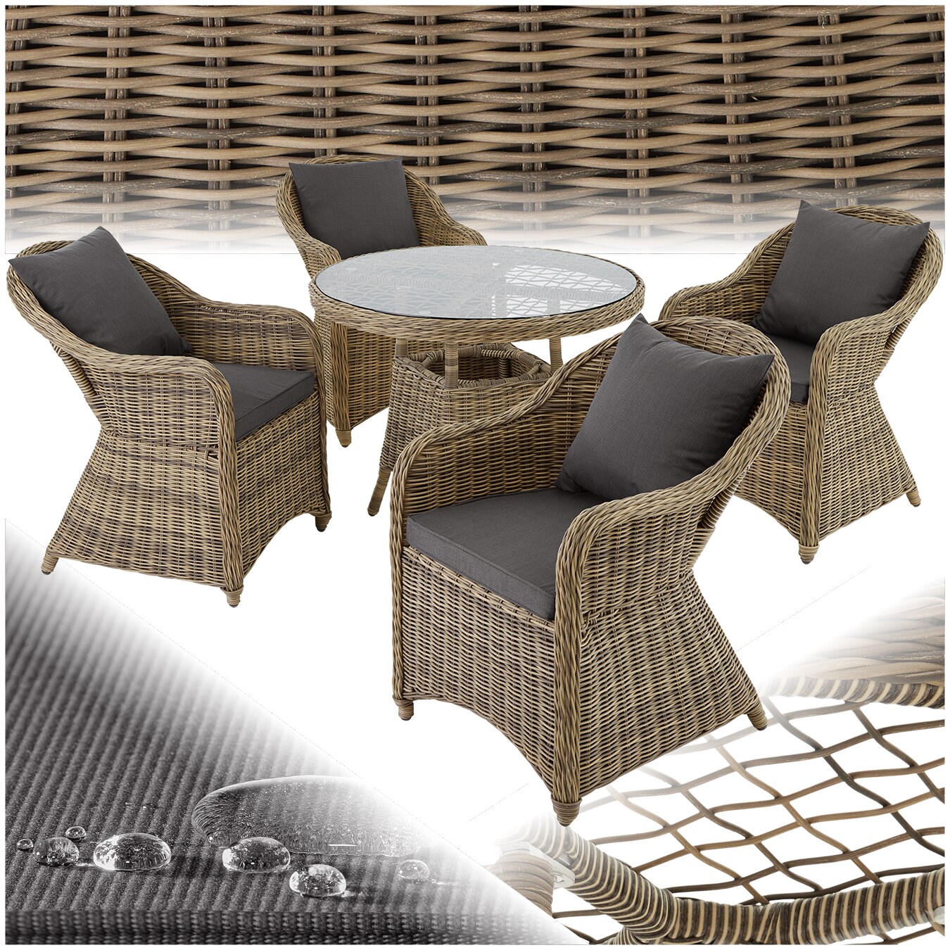 tectake® Rattan Sitzgruppe, mit Aluminiumgestell, wetterfest und UV-beständig, hochwertiges Geflecht, Stühle vormontiert | 04260435993049