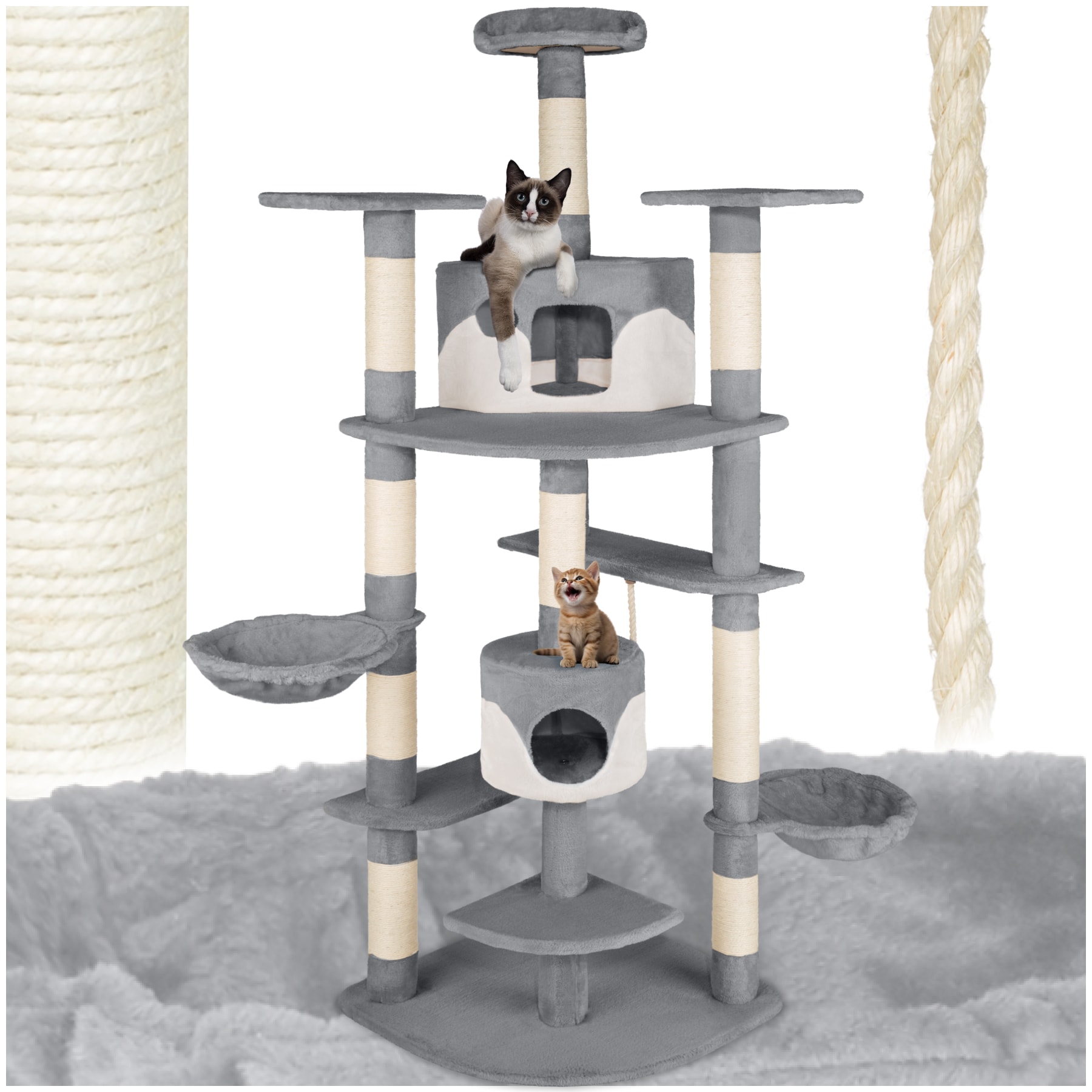 tectake&reg; Kratzbaum, 204 cm, mit 2 Katzenh&auml;usern, inklusive Spielkordel und Kippschutz - Bild 1