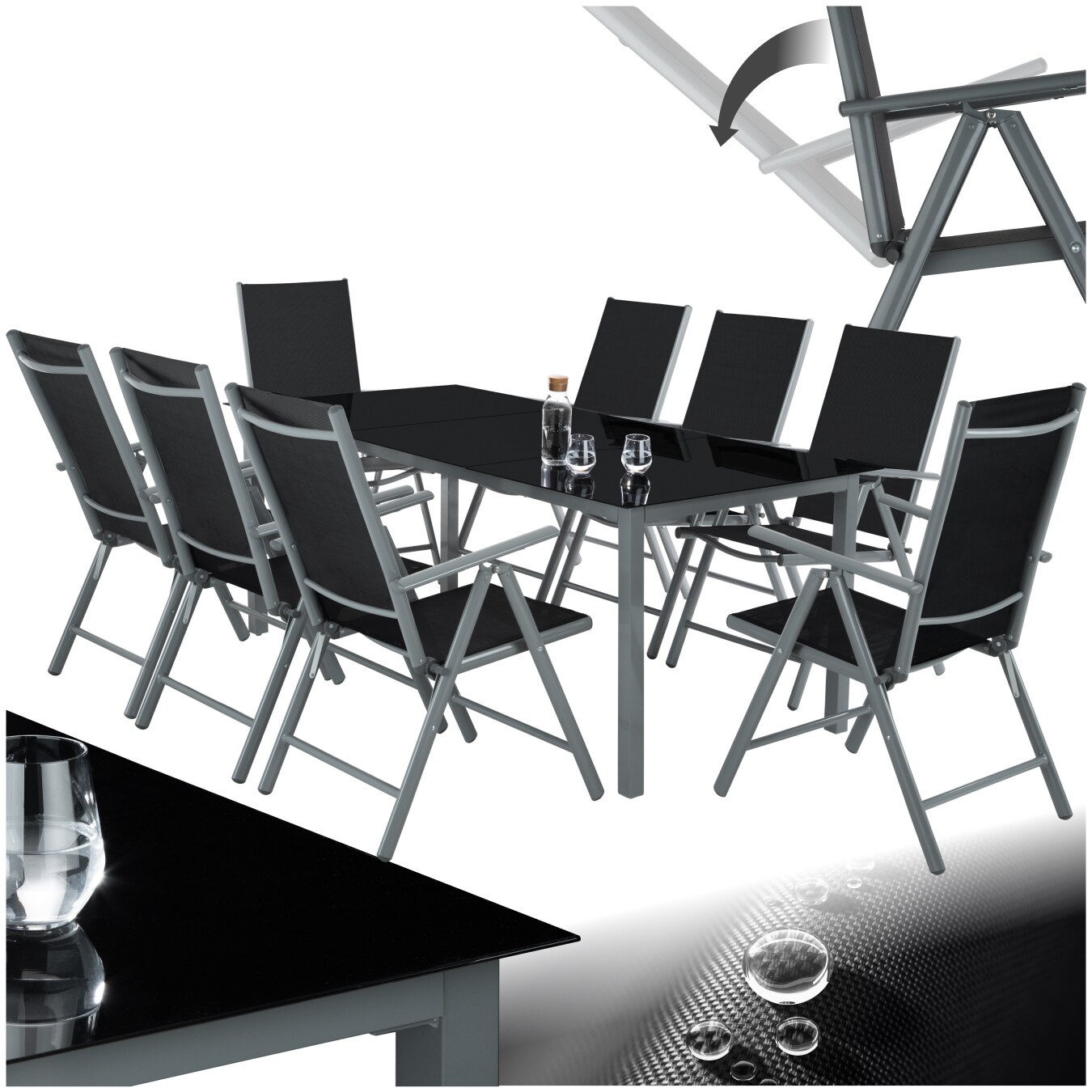 tectake® Sitzgruppe, mit Aluminiumgestell, für 8 Personen, UV-beständig, Tisch mit Sicherheitsglasplatten und Ausgleichsschrauben