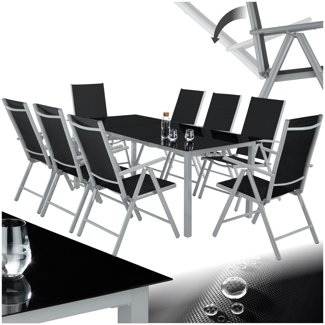 tectake® Sitzgruppe, mit Aluminiumgestell, für 8 Personen, UV-beständig, Tisch mit Sicherheitsglasplatten und Ausgleichsschrauben | 04260473664543