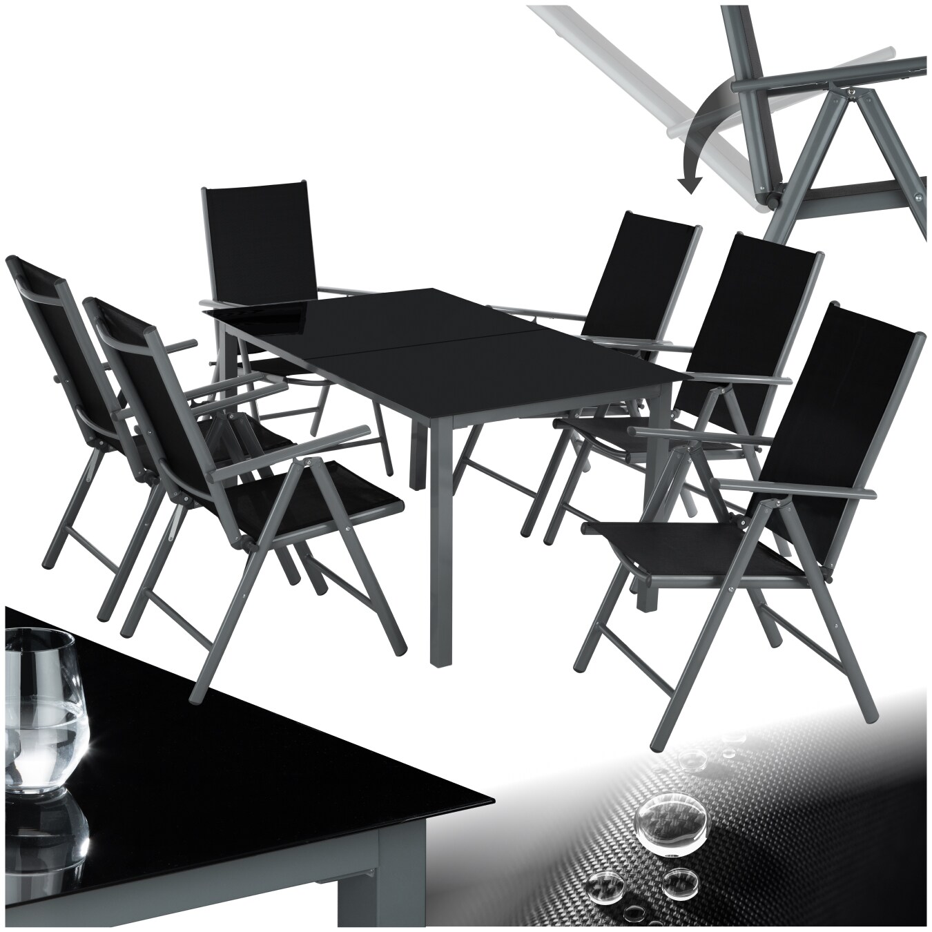 tectake® Sitzgruppe, mit Aluminiumgestell, für 6 Personen, UV-beständig, Tisch mit Sicherheitsglasplatten und Ausgleichsschrauben | 04260473664550