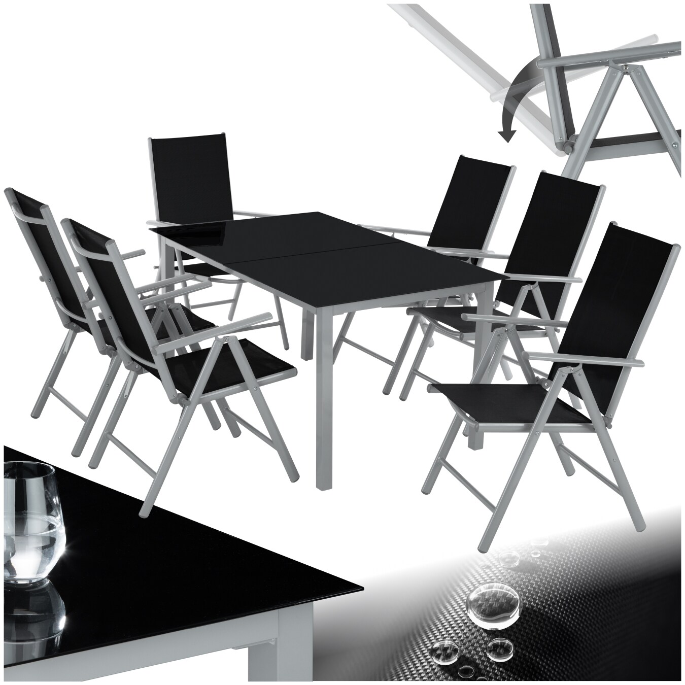 tectake® Sitzgruppe, mit Aluminiumgestell, für 6 Personen, UV-beständig, Tisch mit Sicherheitsglasplatten und Ausgleichsschrauben