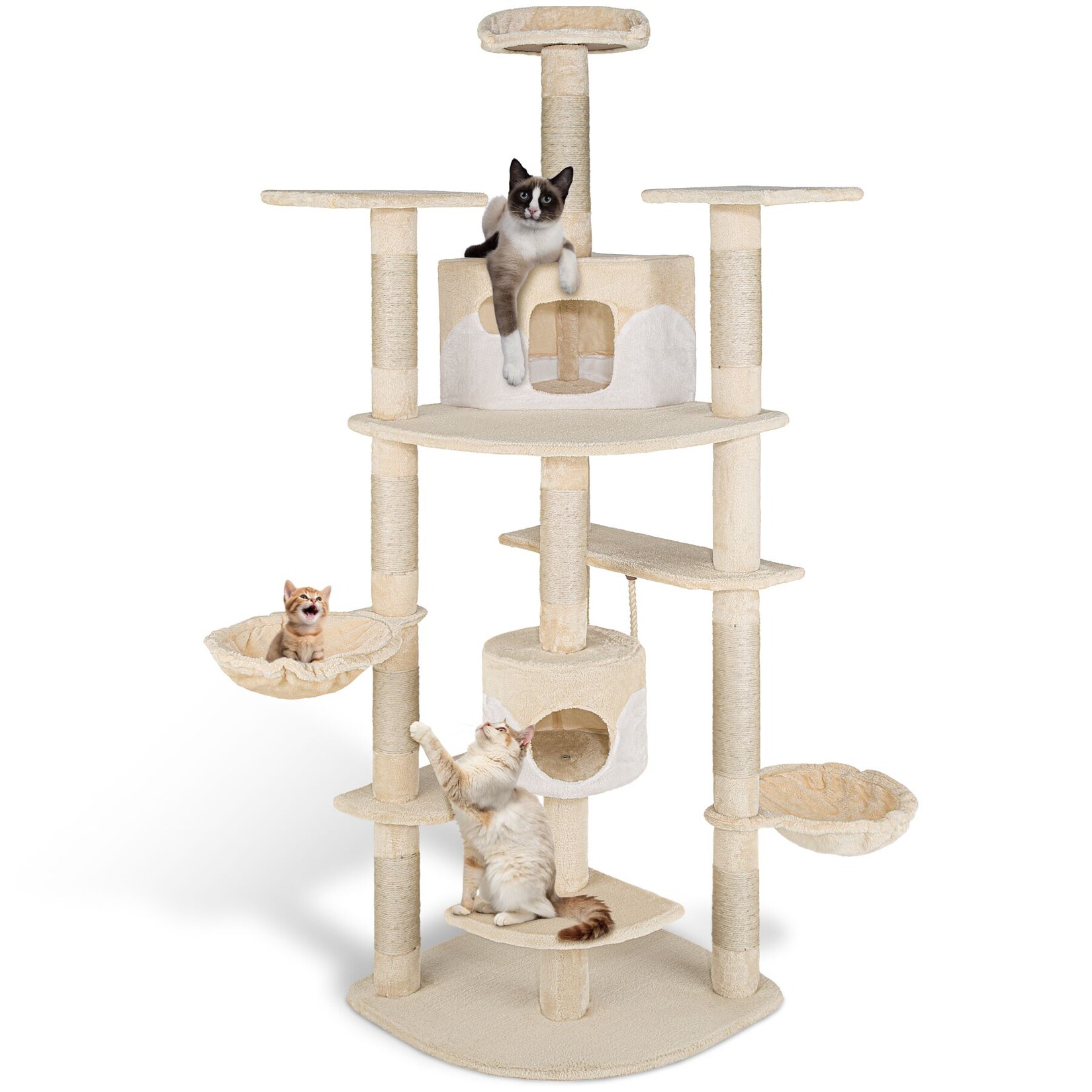 tectake® Kratzbaum, 201 cm, mit 2 Katzenhäusern, inklusive Spielkordel und Kippschutz