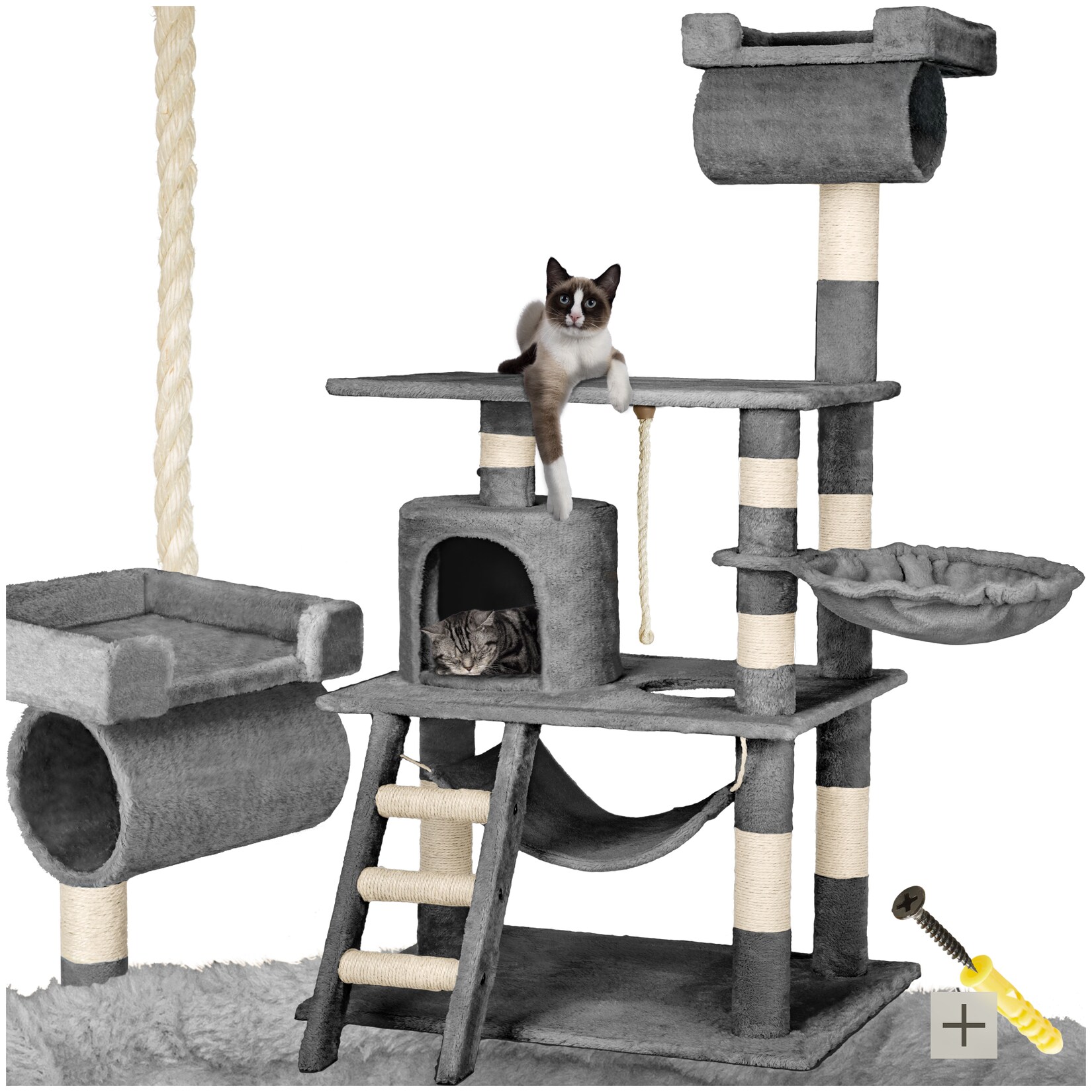 tectake® Kratzbaum, 141 cm, mit Katzenhaus, inklusive Spielkordel und Kippschutz