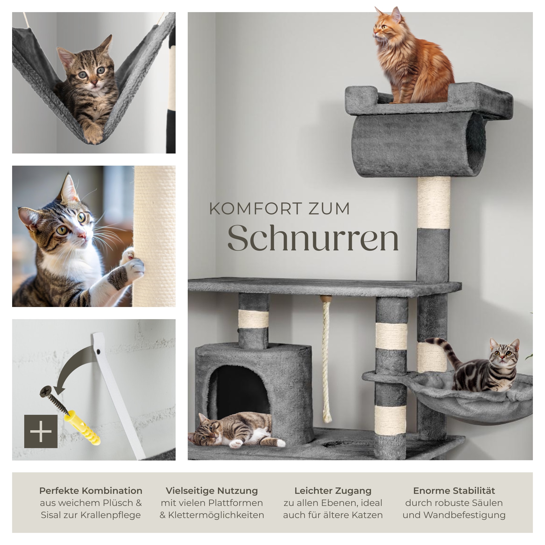 tectake Kratzbaum, 141 cm, mit Katzenhaus, inklusive Spielkordel und  Kippschutz online kaufen bei Netto