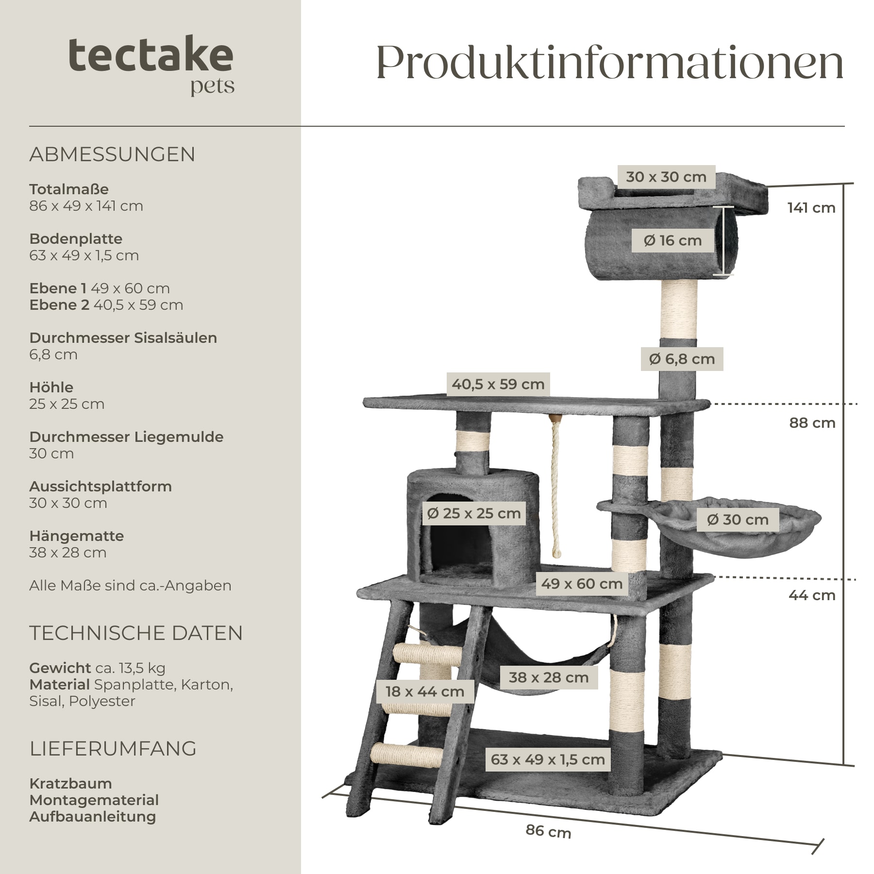 tectake Kratzbaum, 141 cm, mit Katzenhaus, inklusive Spielkordel und  Kippschutz online kaufen bei Netto