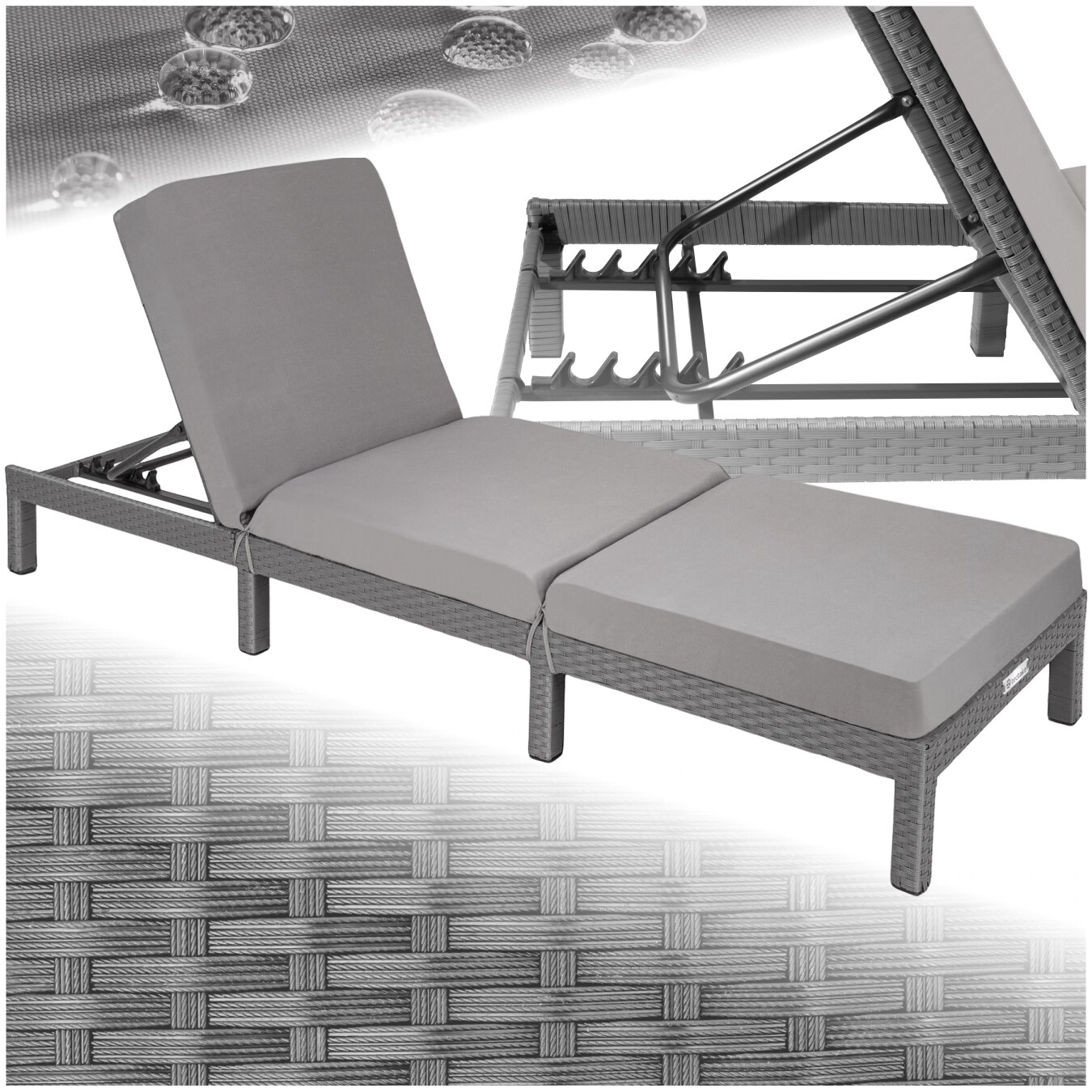 tectake® Rattan Sonnenliege, widerstandsfähig, 6-fach verstellbare Rückenlehne, 196 x 66 x 27 cm | 04260490483011