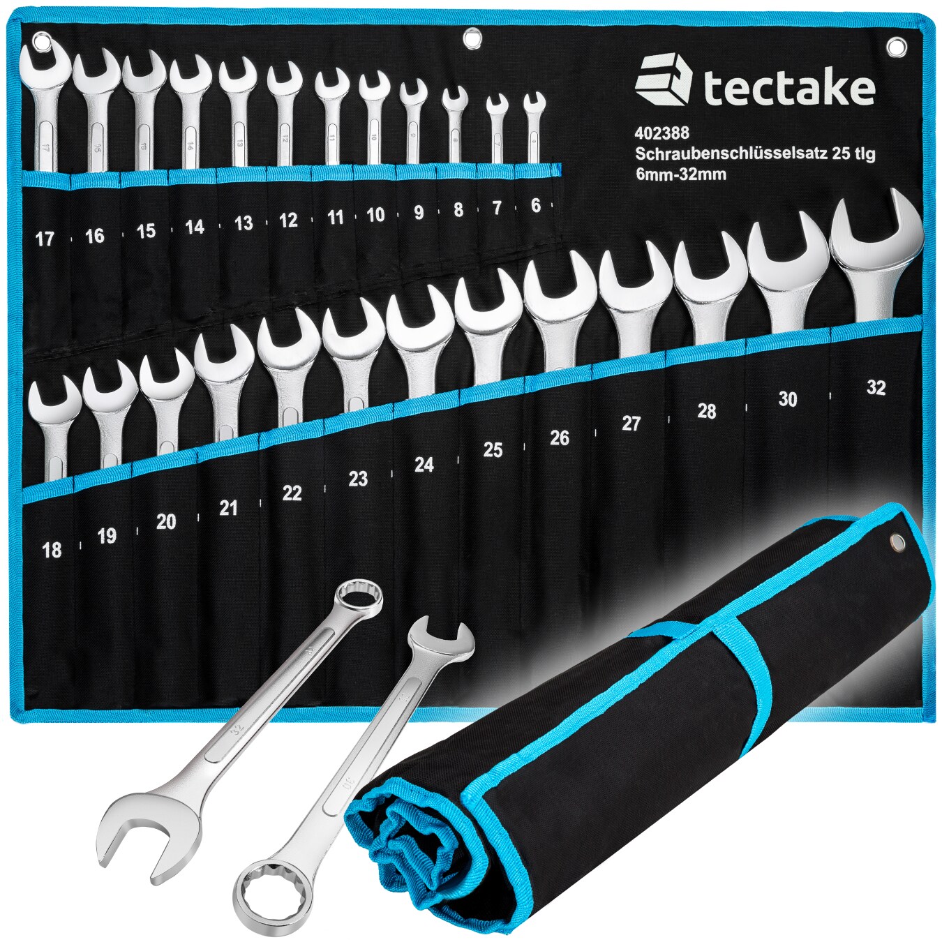 tectake® Maul-Ringschlüsselsatz, 25-teilig, 6 - 32 mm, inklusive Rolltasche mit Ösen