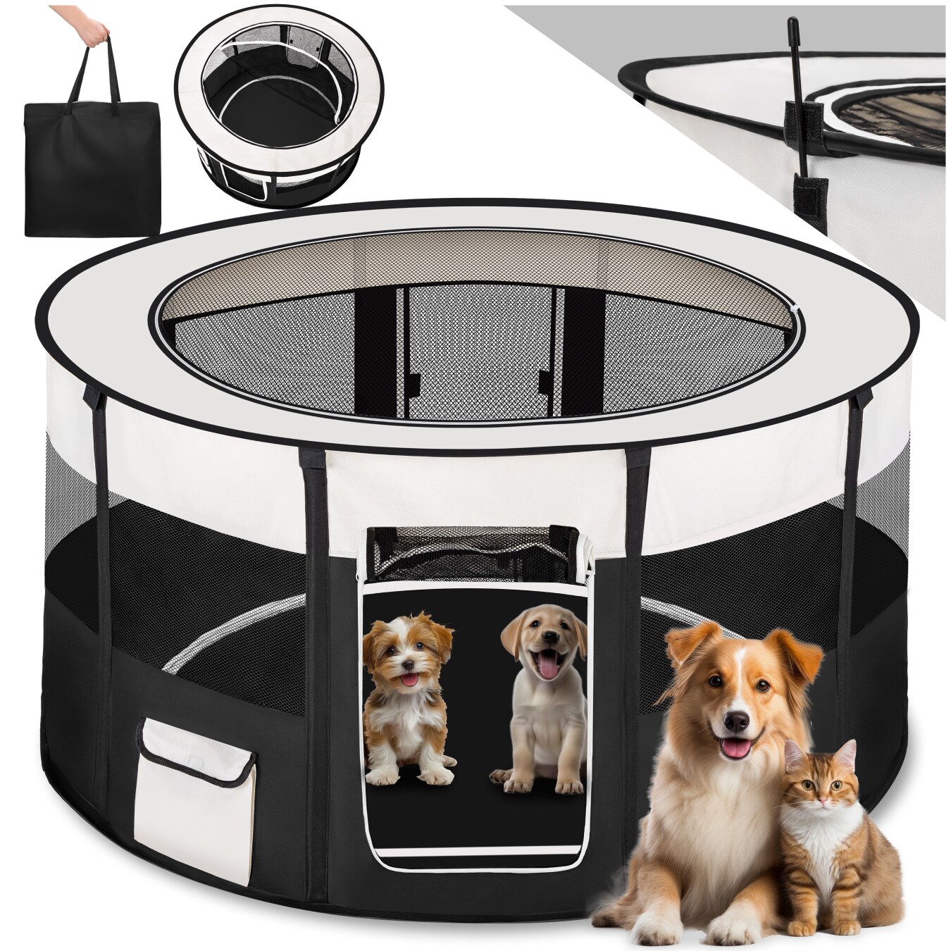 tectake&reg; Welpenauslauf, faltbar, f&uuml;r Innen- und Au&szlig;enbereich, 2 Eing&auml;nge und 8 Fenster, 114 x 60,5 cm, inklusive Tragetasche - Bild 1