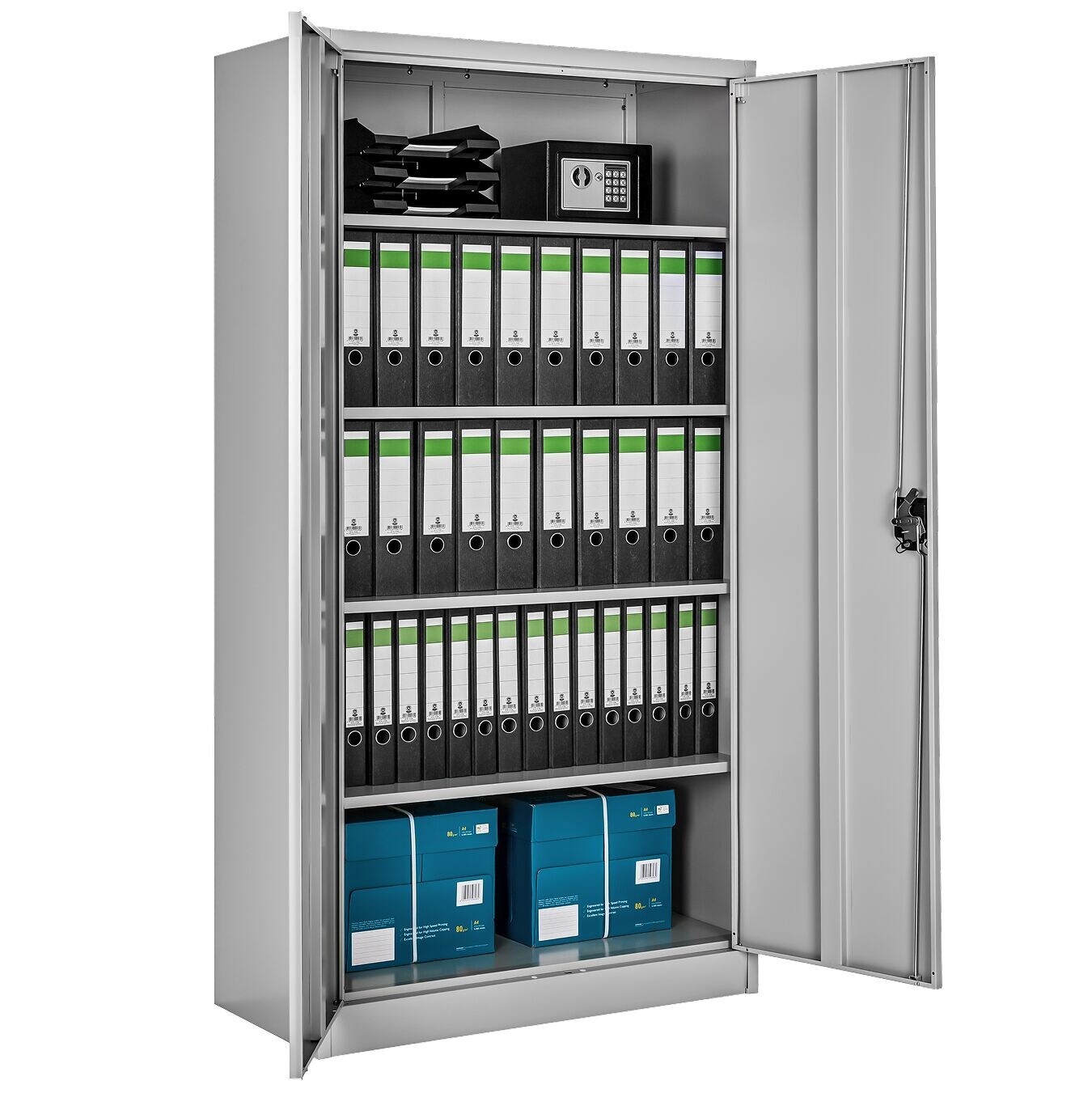 tectake® Aktenschrank, aus pulverbeschichtetem Stahl, 4 höhenverstellbare Einlegeböden, 180 x 90 x 40 cm