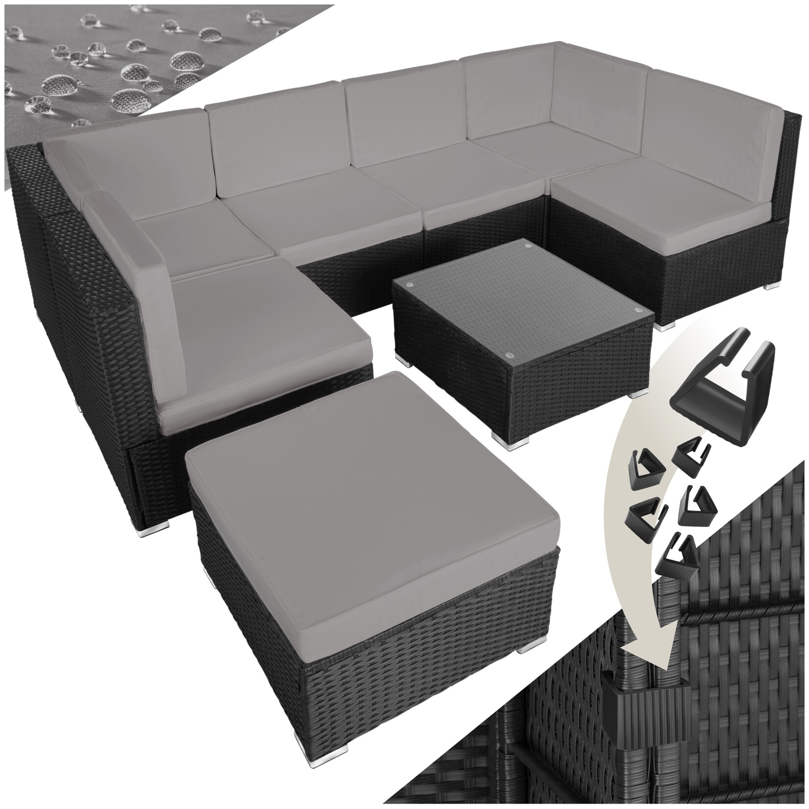 tectake® Rattan Lounge, für 6 bis 7 Personen, UV-beständig, mit Sicherheitsglasplatte | 04061173206046