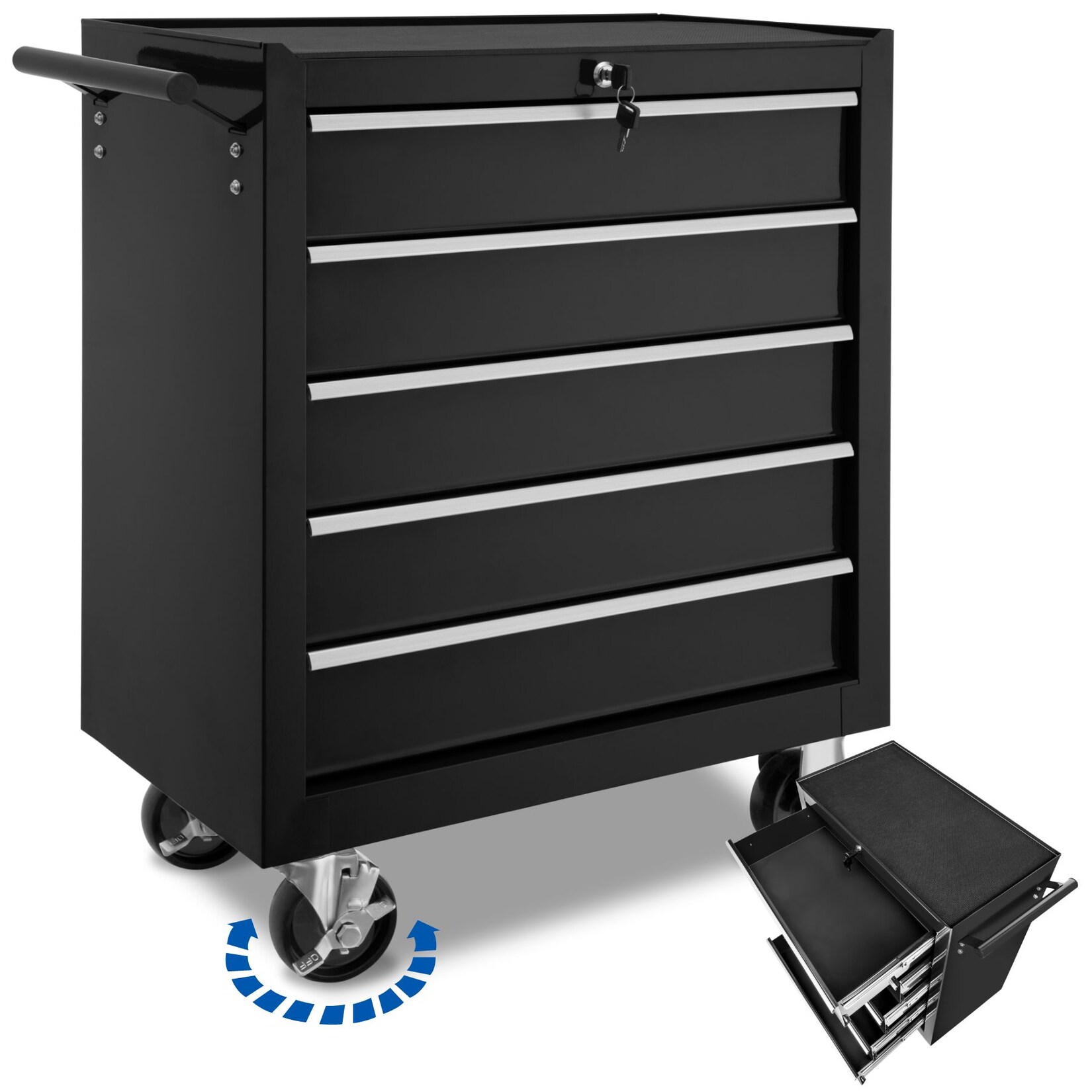 tectake® Werkzeugwagen, 5 kugelgelagerte Schubladen mit Antirutschmatten, zentrale Sicherheitsverriegelung, Rollen Ø 100 mm | 04260552084590
