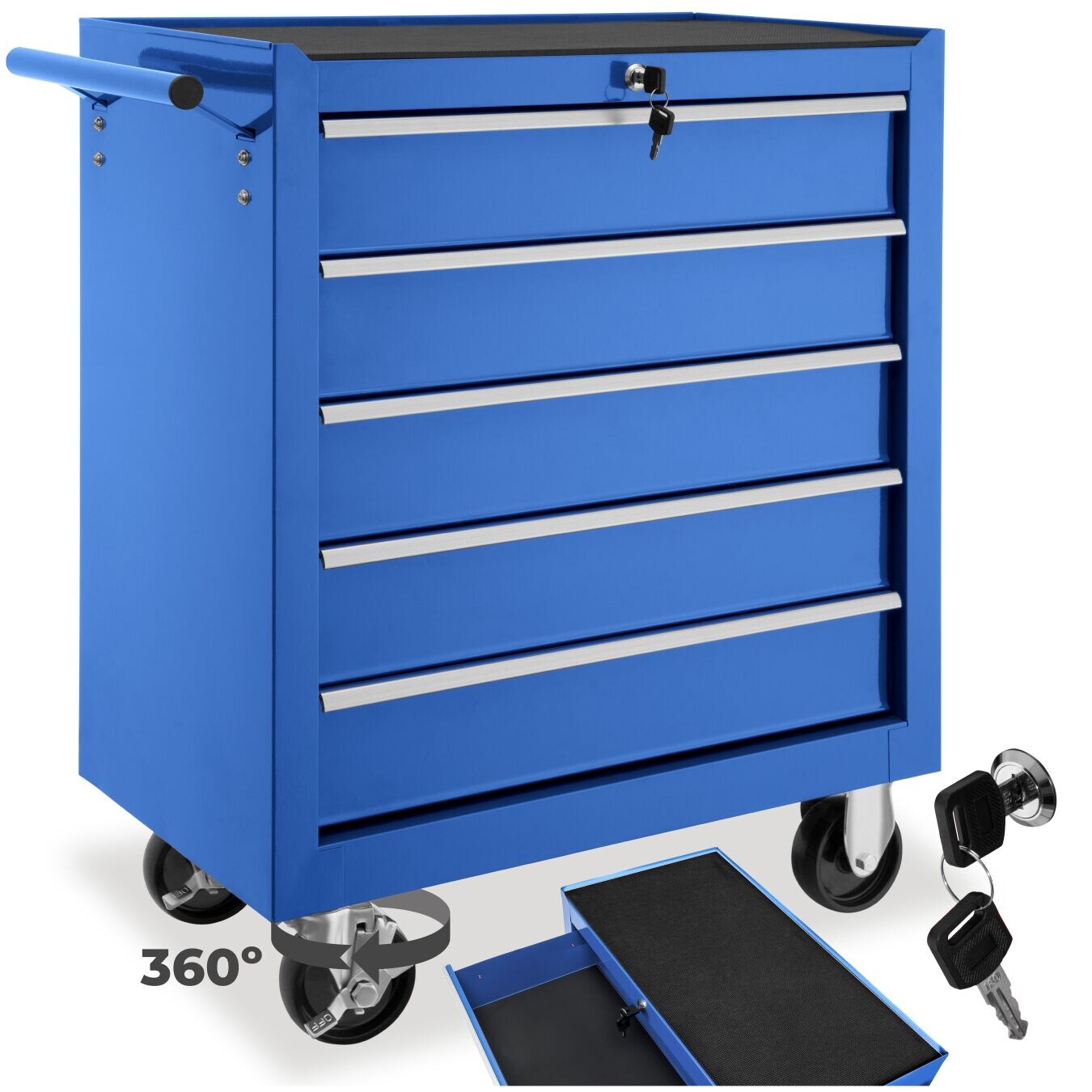 tectake® Werkzeugwagen, 5 kugelgelagerte Schubladen mit Antirutschmatten, zentrale Sicherheitsverriegelung, Rollen Ø 100 mm