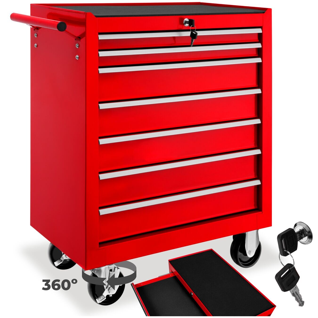tectake® Werkzeugwagen, 7 kugelgelagerte Schubladen mit Antirutschmatten, zentrale Sicherheitsverriegelung, Rollen Ø 100 mm