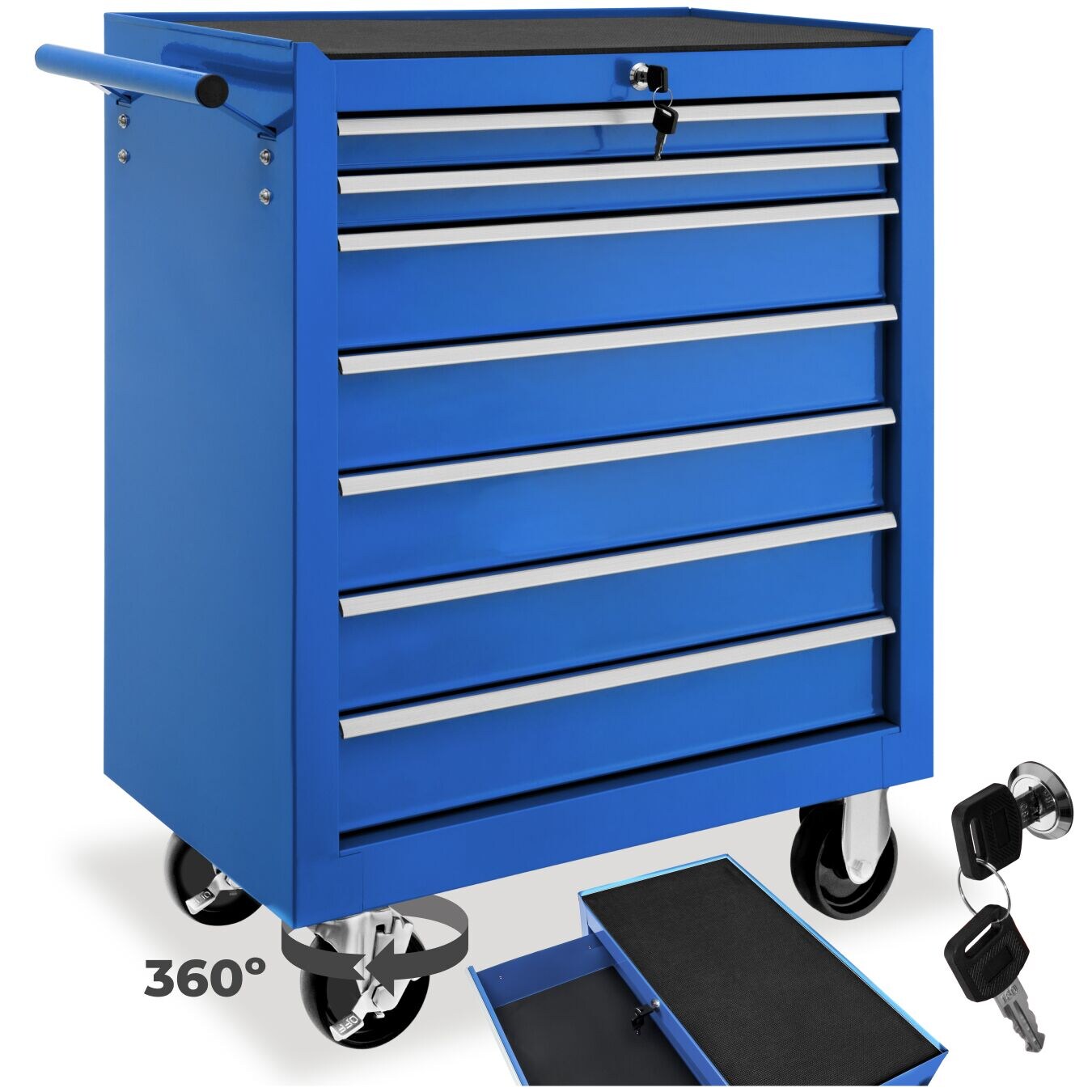 tectake® Werkzeugwagen, 7 kugelgelagerte Schubladen mit Antirutschmatten, zentrale Sicherheitsverriegelung, Rollen Ø 100 mm