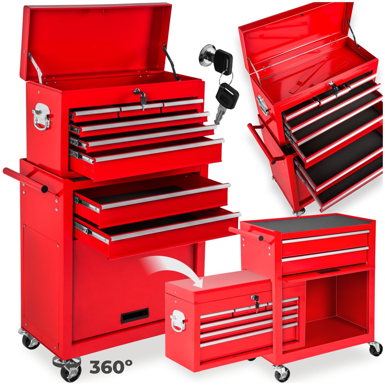 tectake&reg; Werkzeugwagen, 8 kugelgelagerte Schubladen mit Antirutschmatten, gro&szlig;es Klappfach, mobiler Kofferaufsatz mit zentraler Sicherheitsverriegelung, Rollen &Oslash; 100 mm - Bild 1