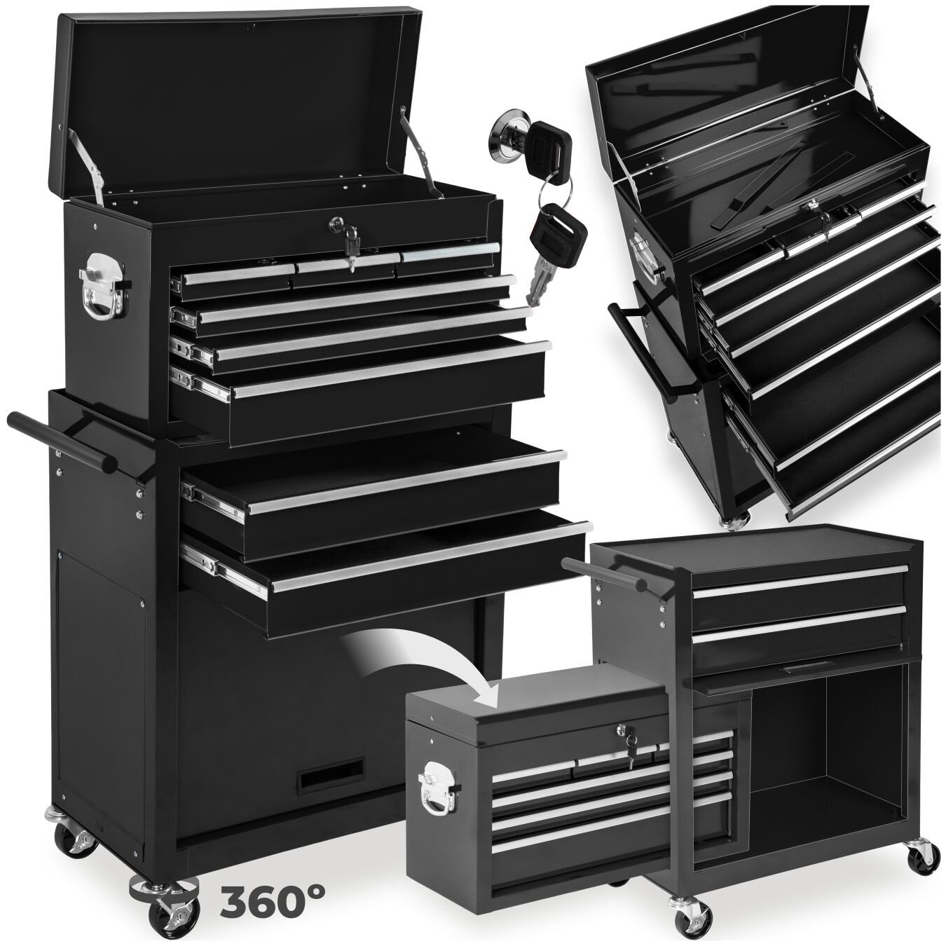 tectake&reg; Werkzeugwagen, 8 kugelgelagerte Schubladen mit Antirutschmatten, gro&szlig;es Klappfach, mobiler Kofferaufsatz mit zentraler Sicherheitsverriegelung, Rollen &Oslash; 100 mm - Bild 1